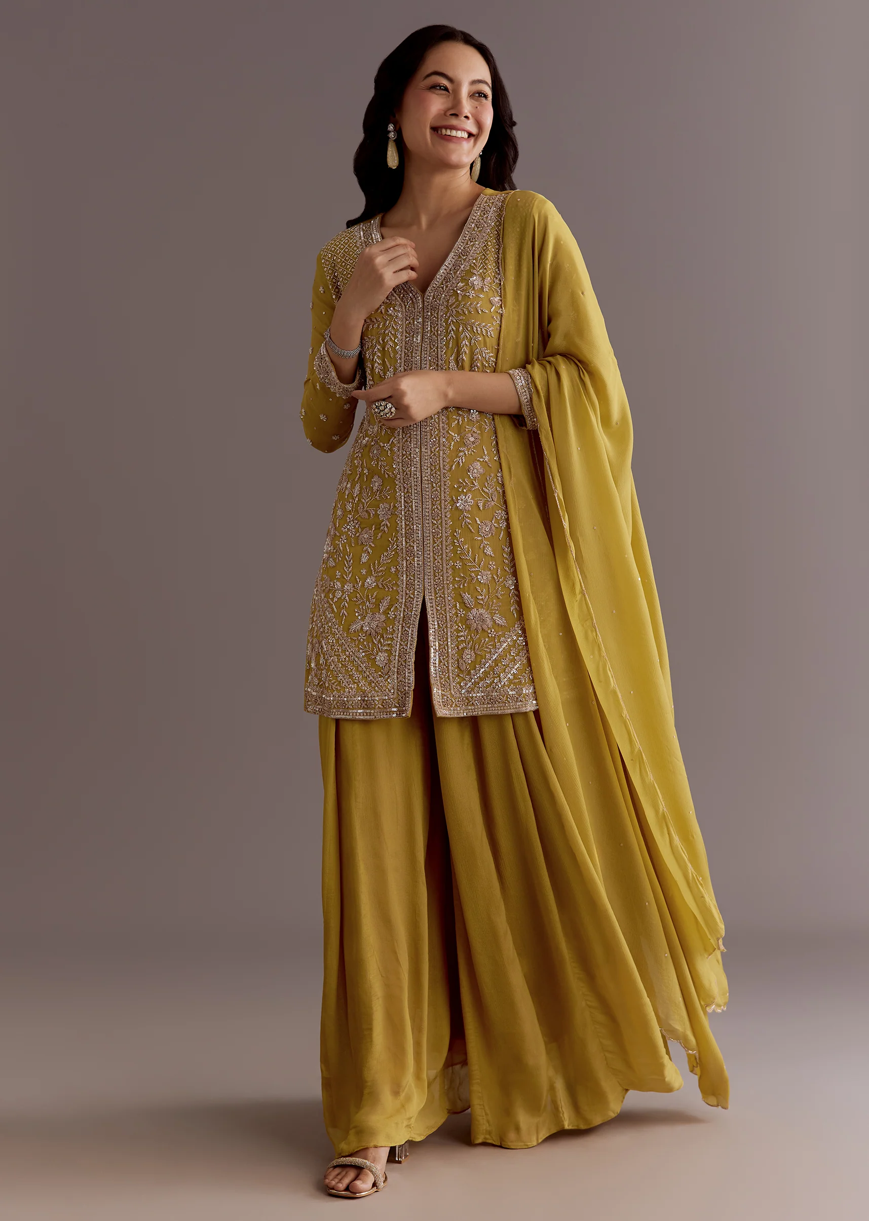 Yellow Chinon Embroidered Kurta Palazzo Suit With Dupatta - Image 4