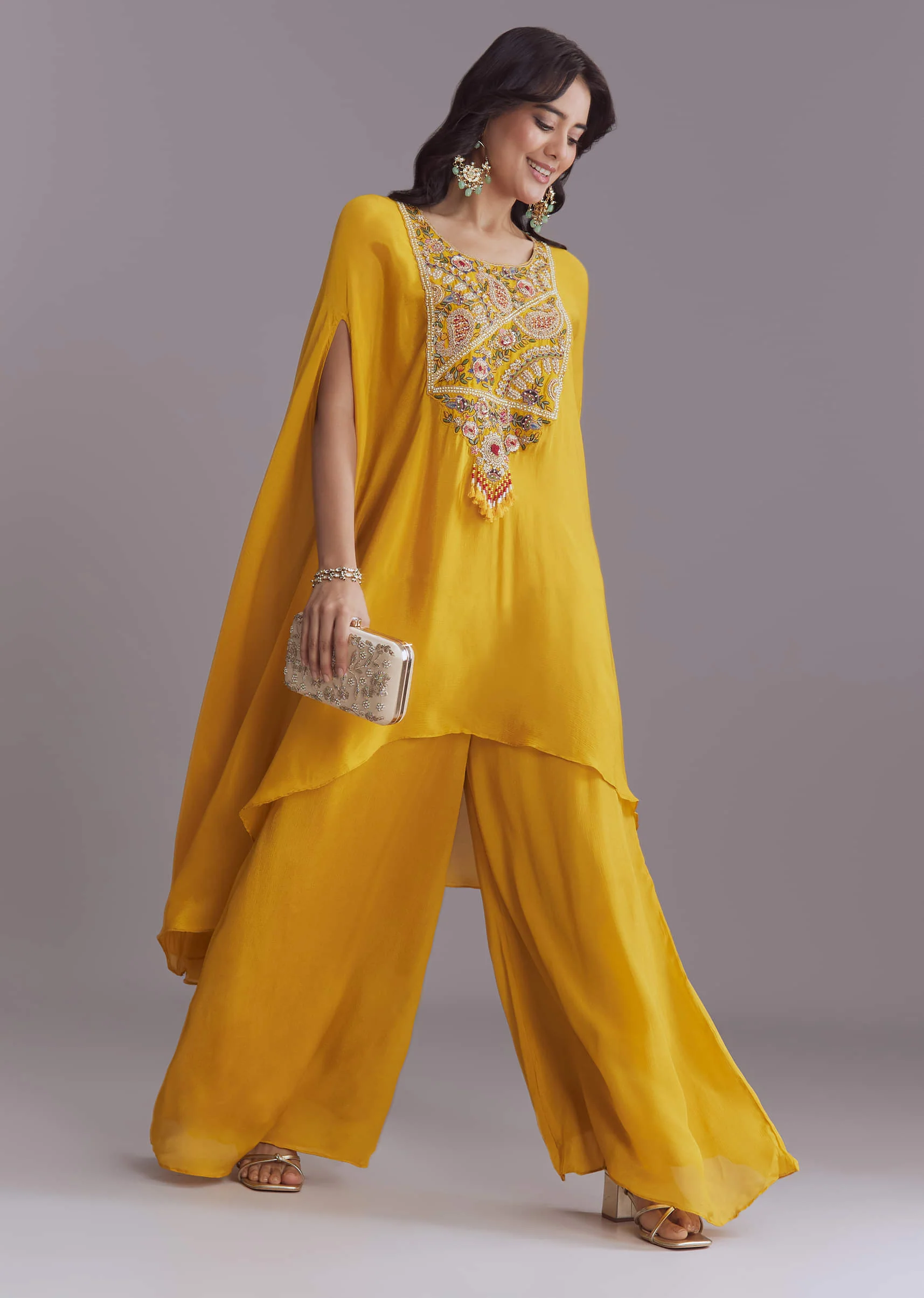 Yellow Chinon Kaftan Top And Palazzo Set With Embroidery - Image 3