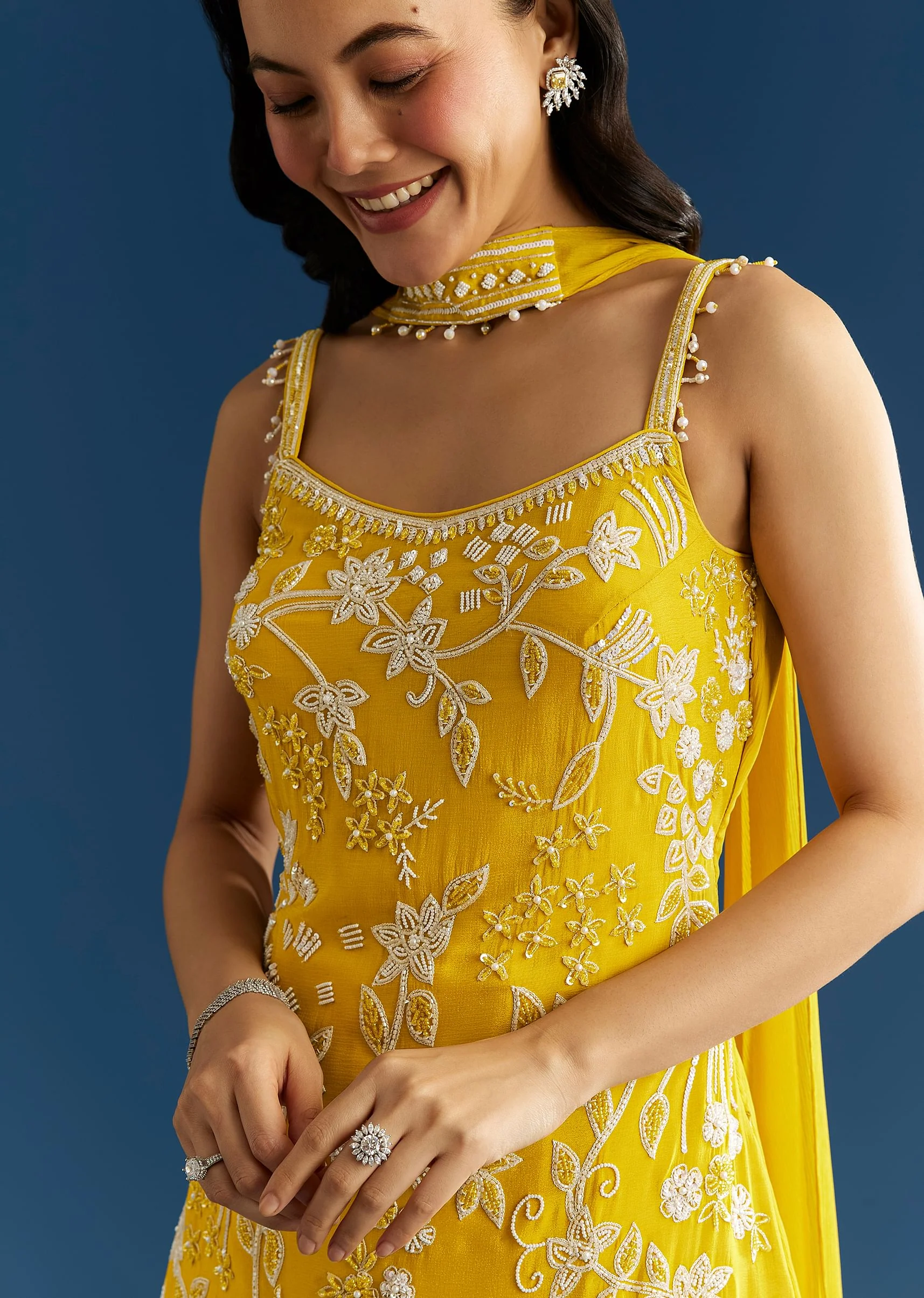 Yellow Chinon Kurta Palazzo Set With Choker Style Dupatta - Image 2