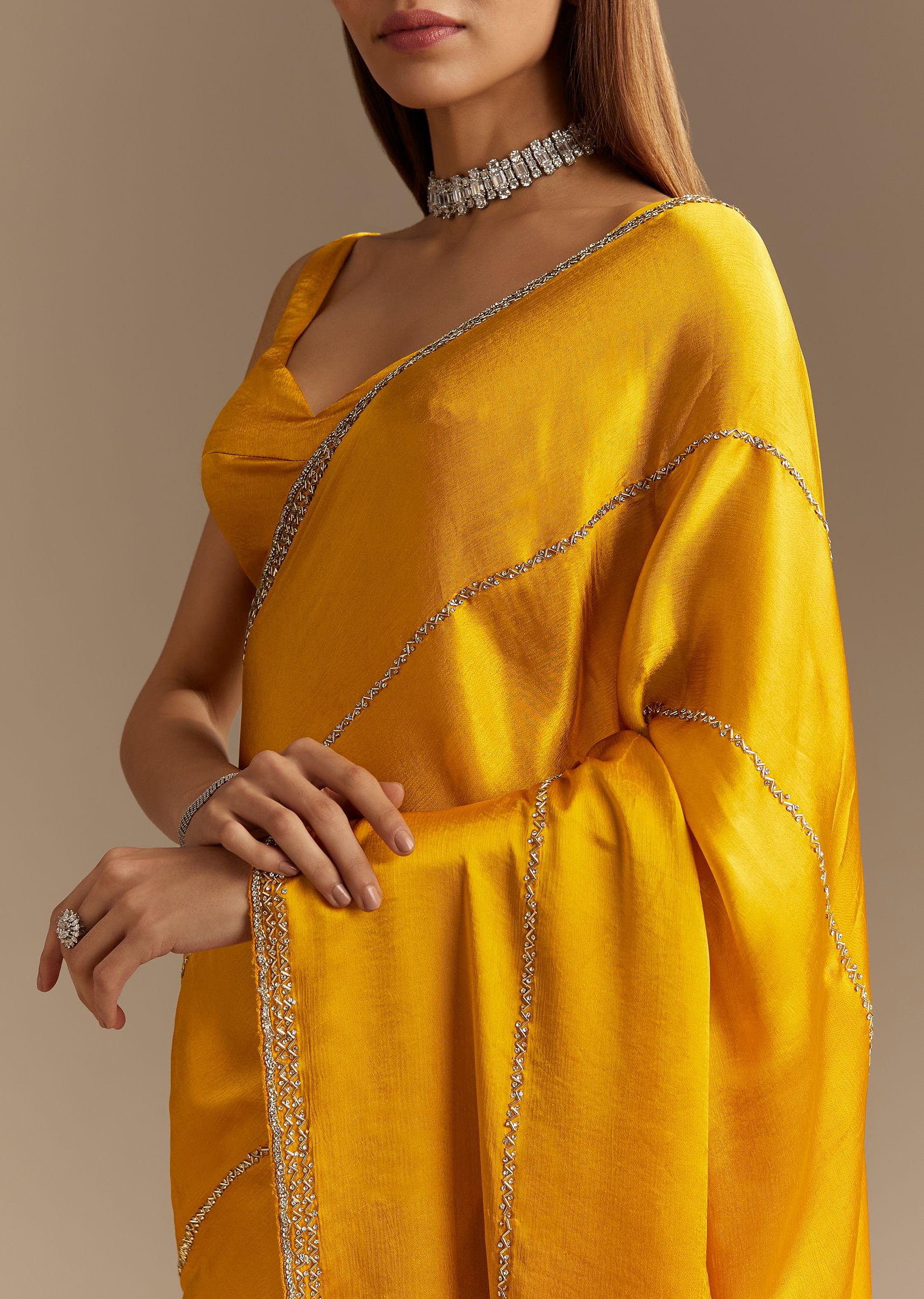 Yellow Chinon Saree With Cutdana Embroidery - Image 4