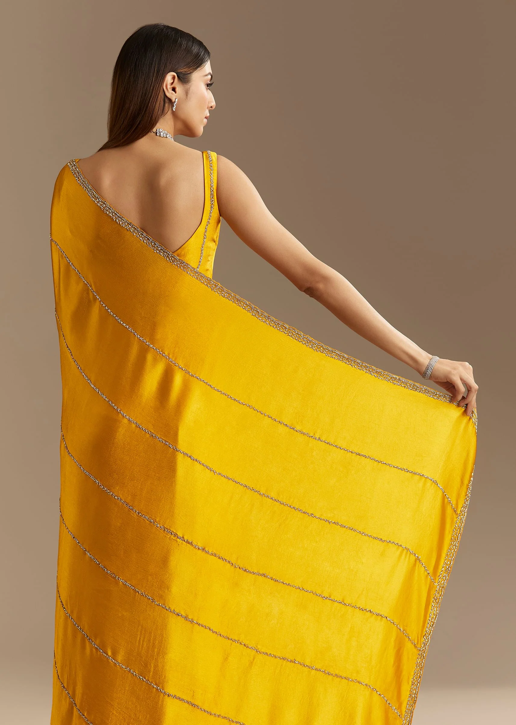 Yellow Chinon Saree With Cutdana Embroidery - Image 5