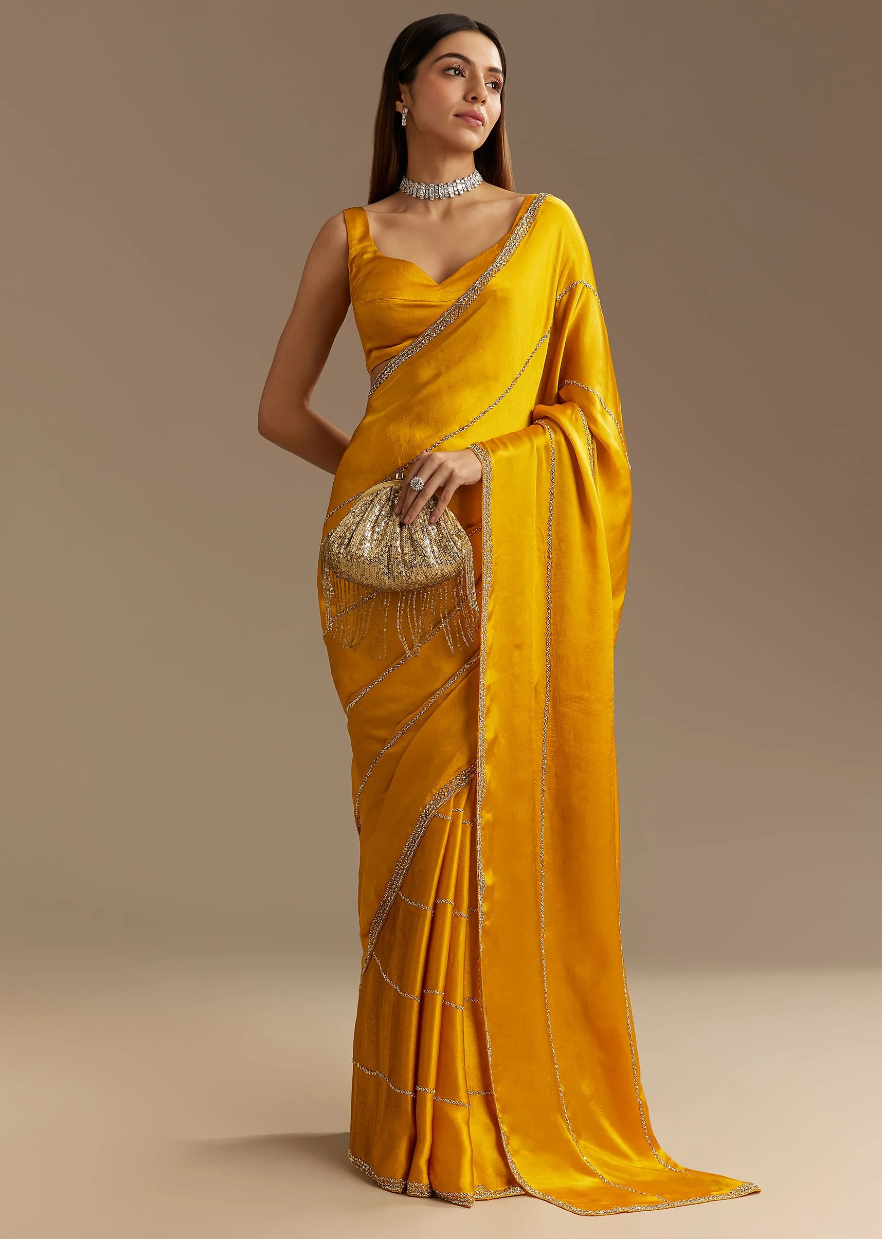 Yellow Chinon Saree With Cutdana Embroidery - Image 6