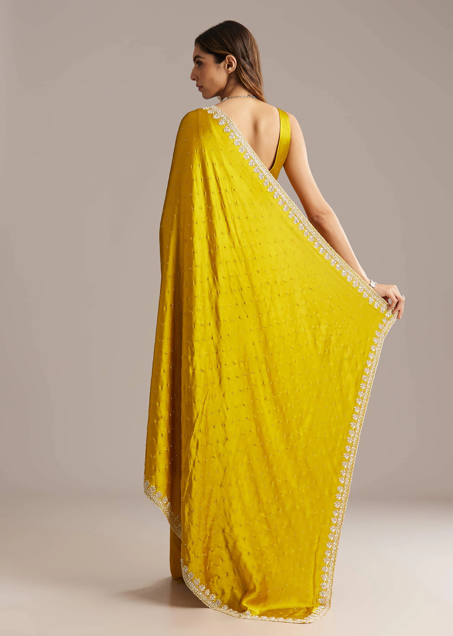 Yellow Chinon Saree With Stone And Sequin Embroidery - Image 2