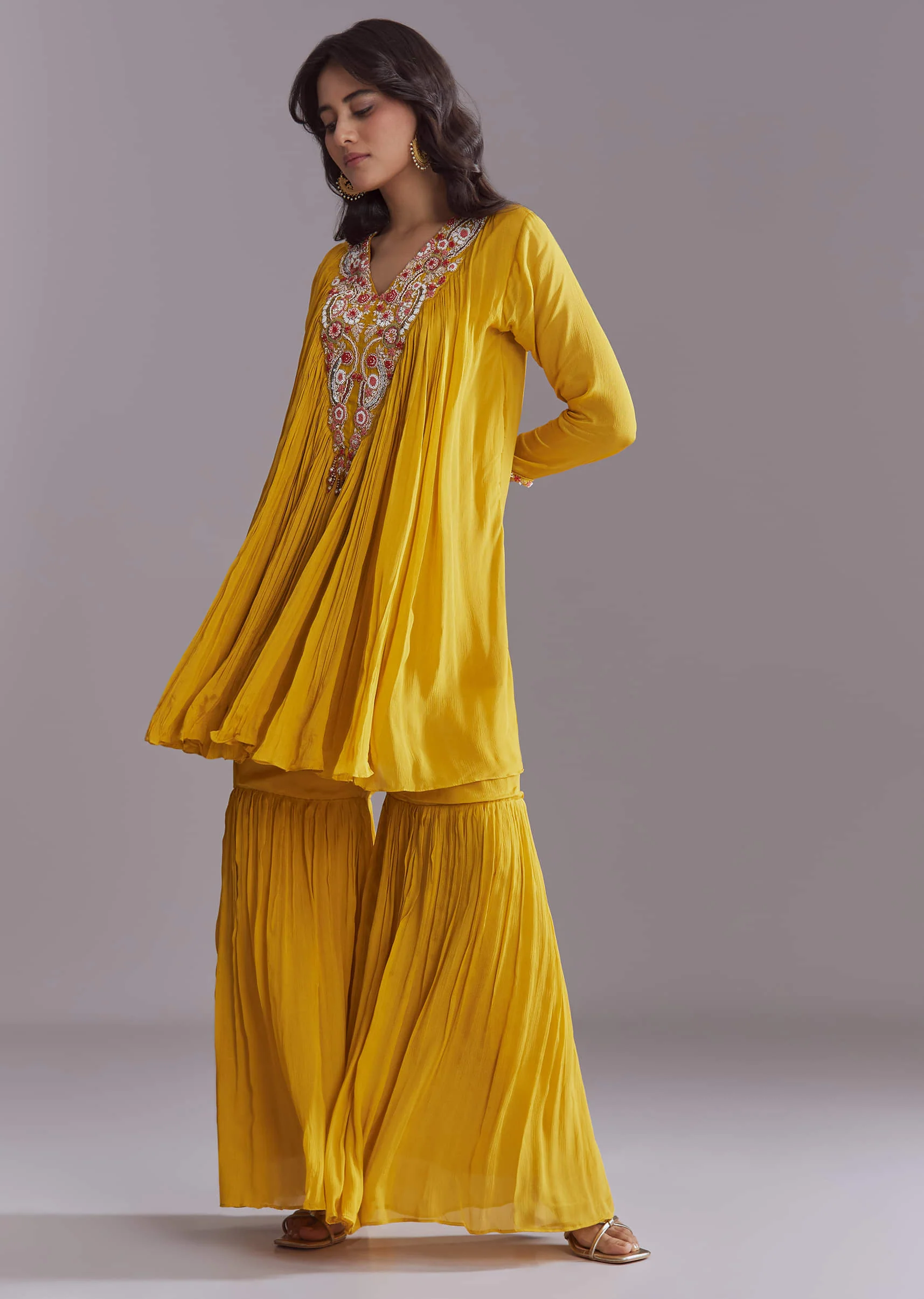 Yellow Chinon Sharara Suit With Embroidery - Image 3