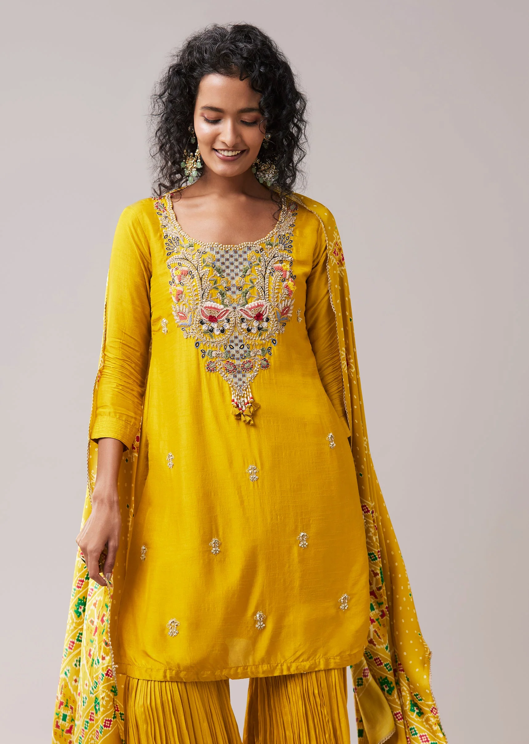 Yellow Chinon Silk Embellished Kurta Sharara Set - Image 4