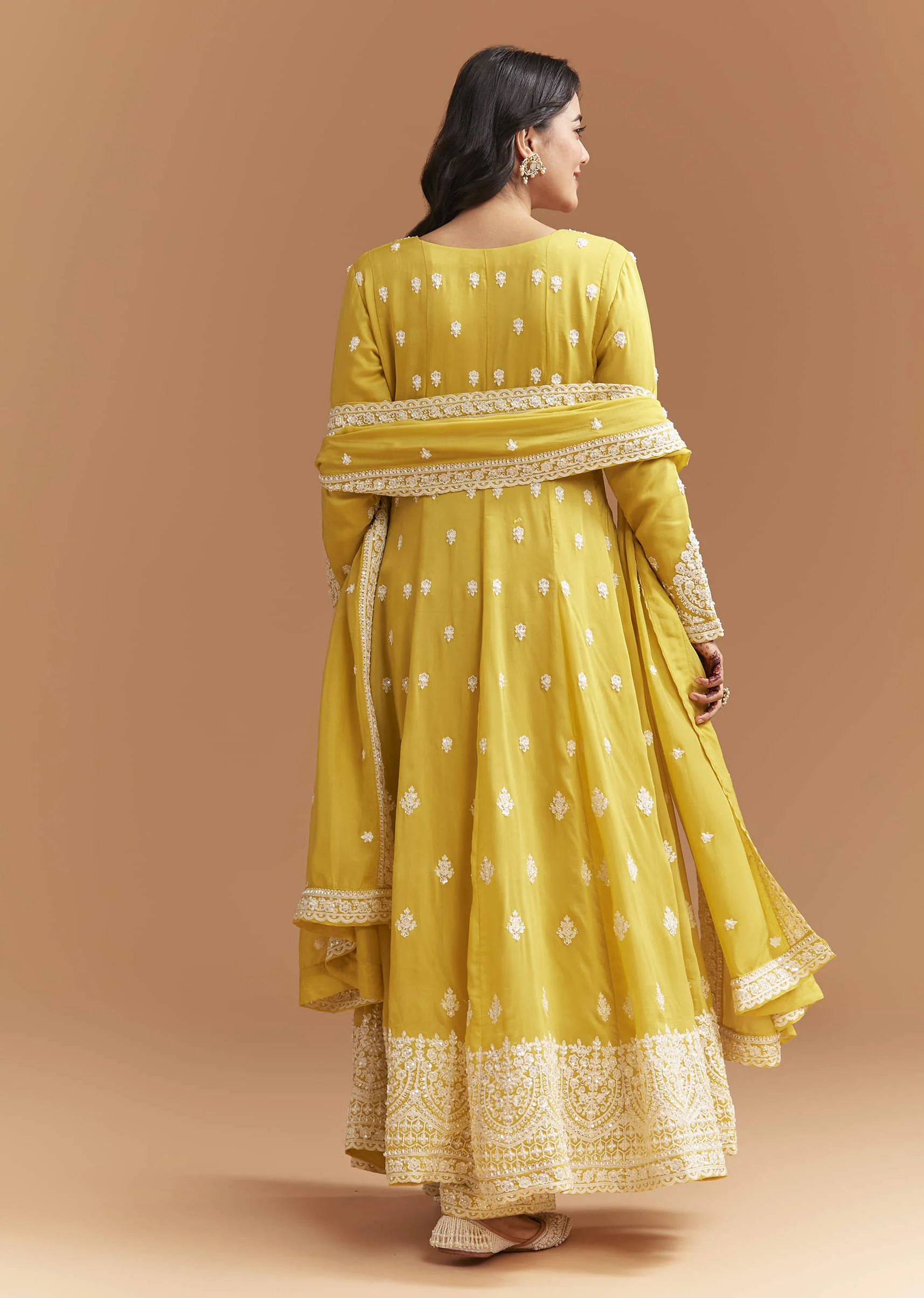 Yellow Cotton Anarkali Suit With Delicate Resham Work - Image 3