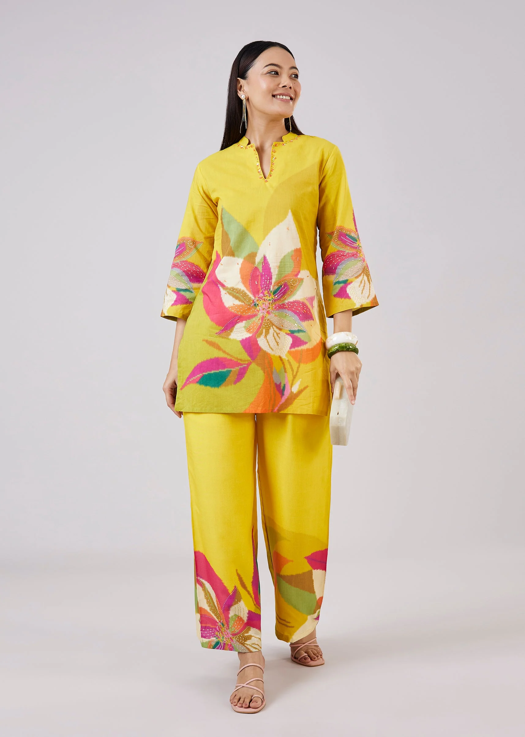 Yellow Cotton Coord Set With Hand Painted Work - Image 3