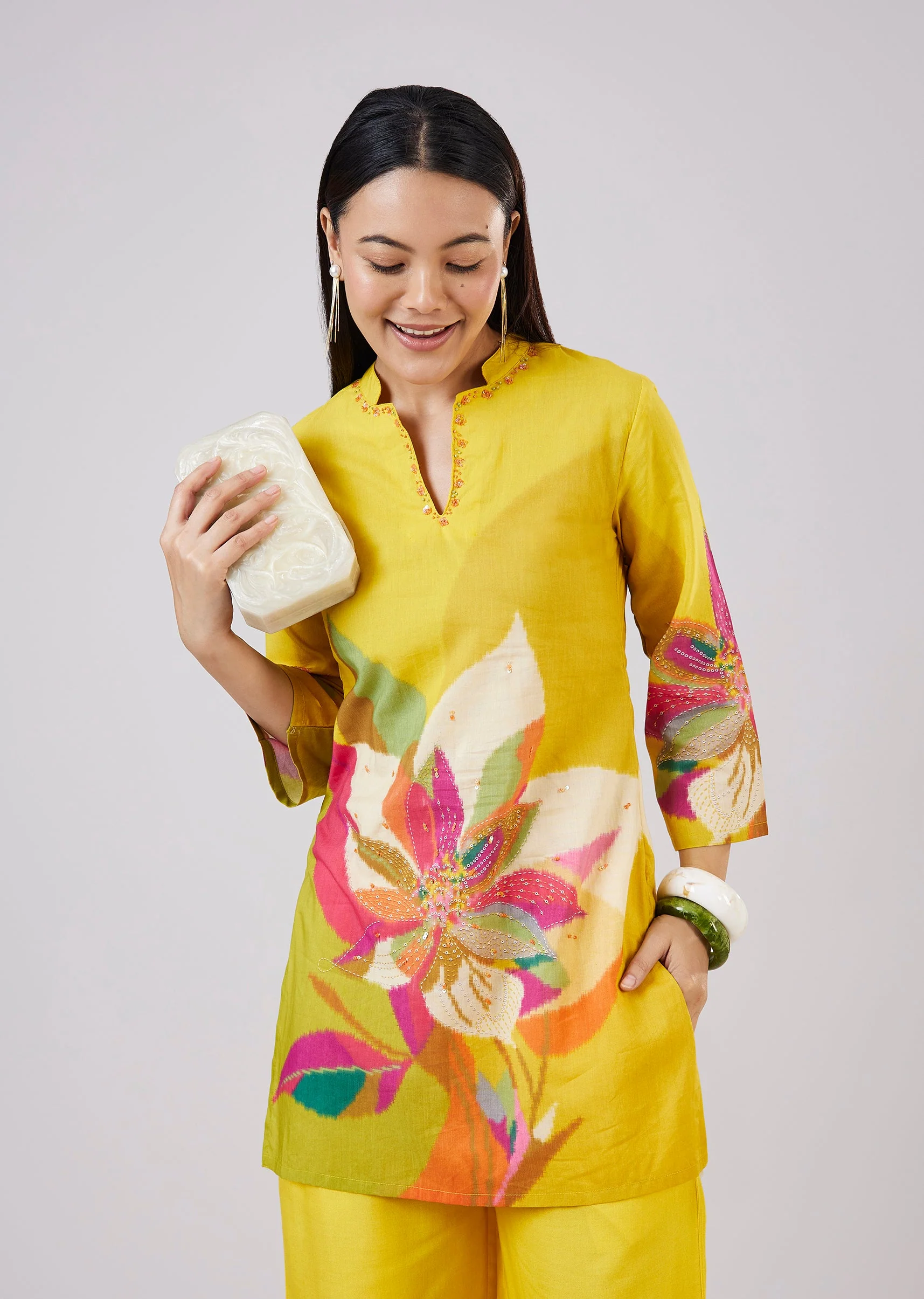 Yellow Cotton Coord Set With Hand Painted Work - Image 4