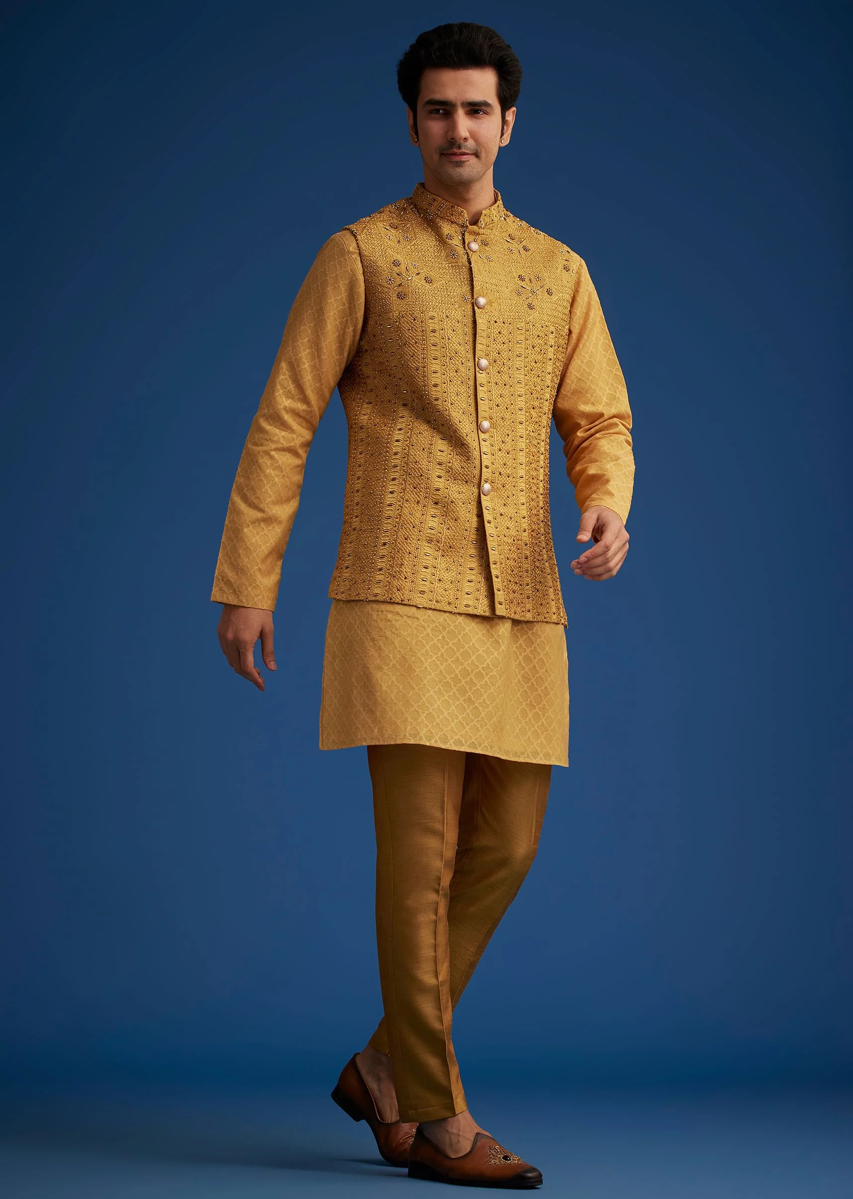 Yellow Cotton Linen Jacket With Stone And Thread Embroidery - Image 2