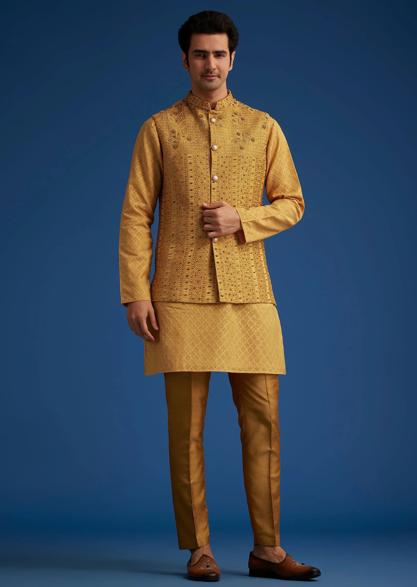 Yellow Cotton Linen Jacket With Stone And Thread Embroidery - Image 4