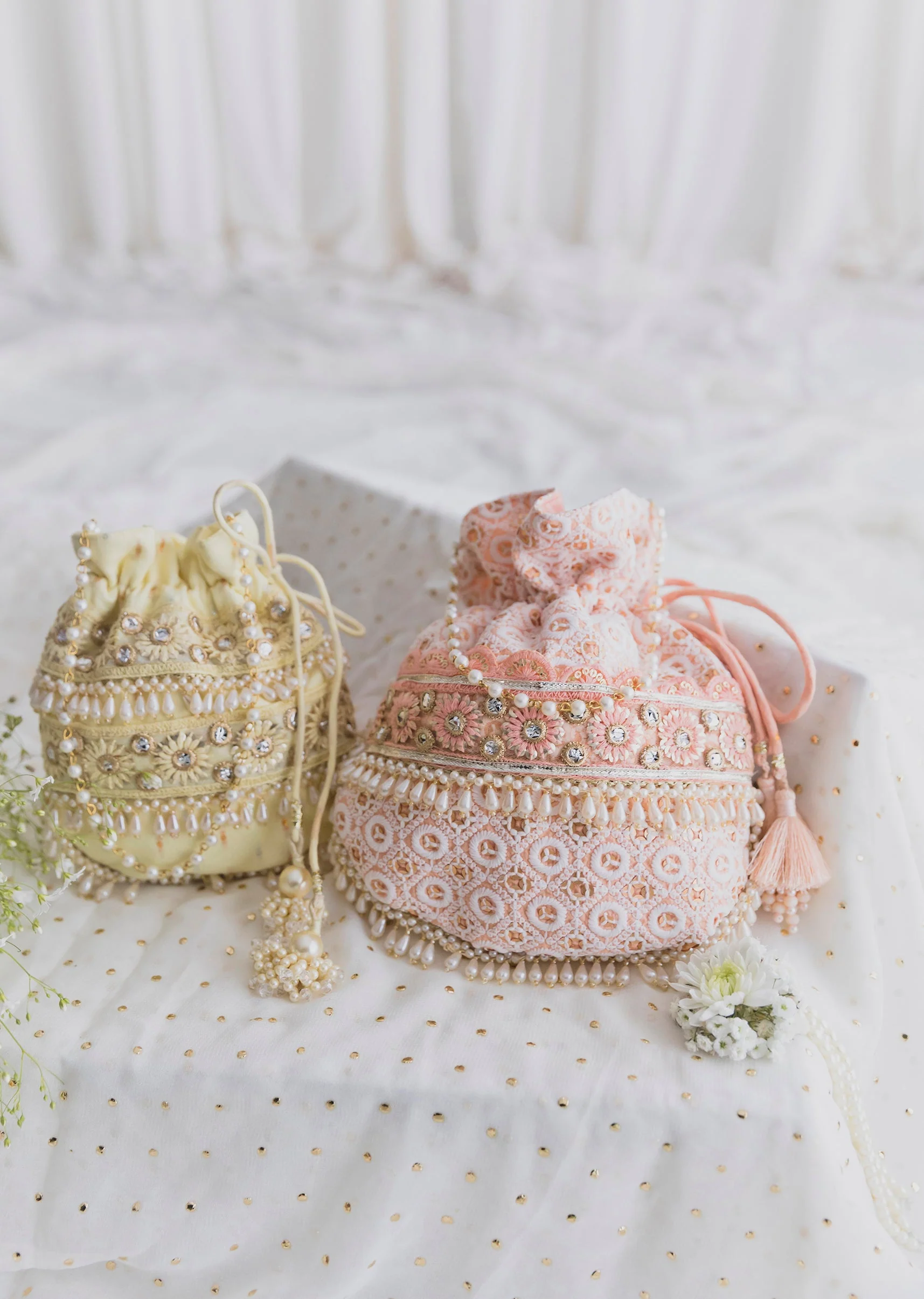 Yellow Cotton Potli With Embroidery And Mirror Work - Image 2
