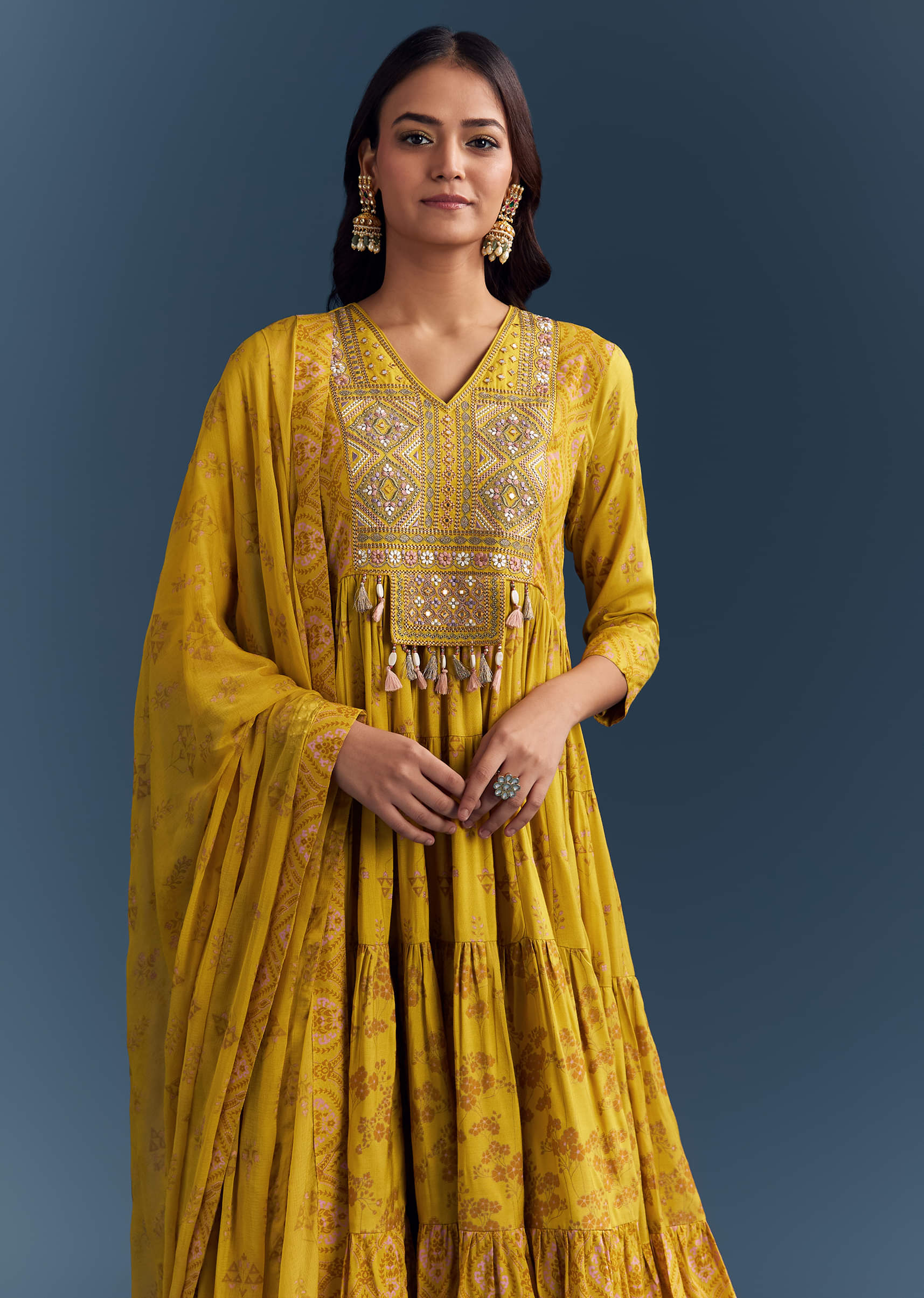 Yellow Cotton Printed Anarkali Suit With Mirror And Thread Embroidery - Image 4