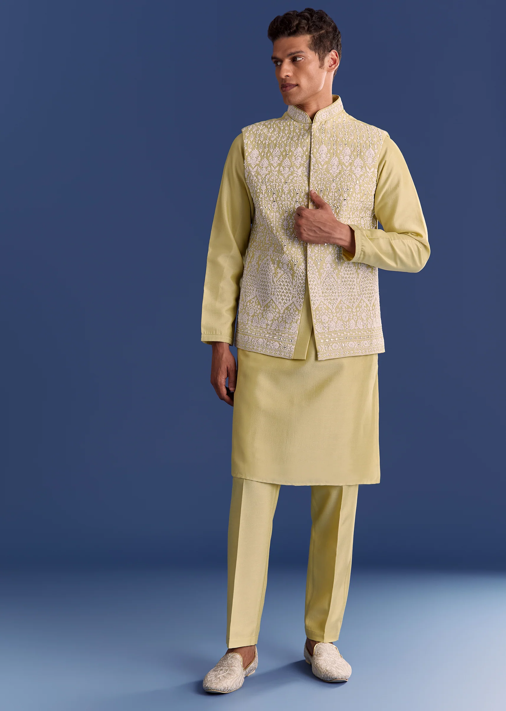 Yellow Cotton Silk Kurta Jacket Set With Mirror And Dori Work - Image 3