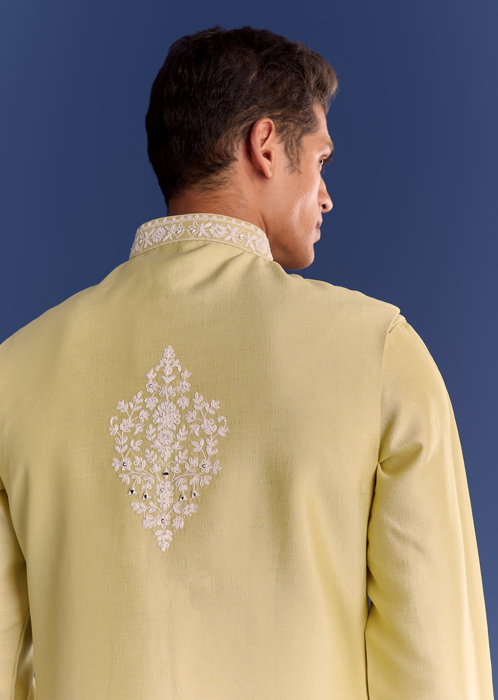Yellow Cotton Silk Kurta Jacket Set With Mirror And Dori Work - Image 4