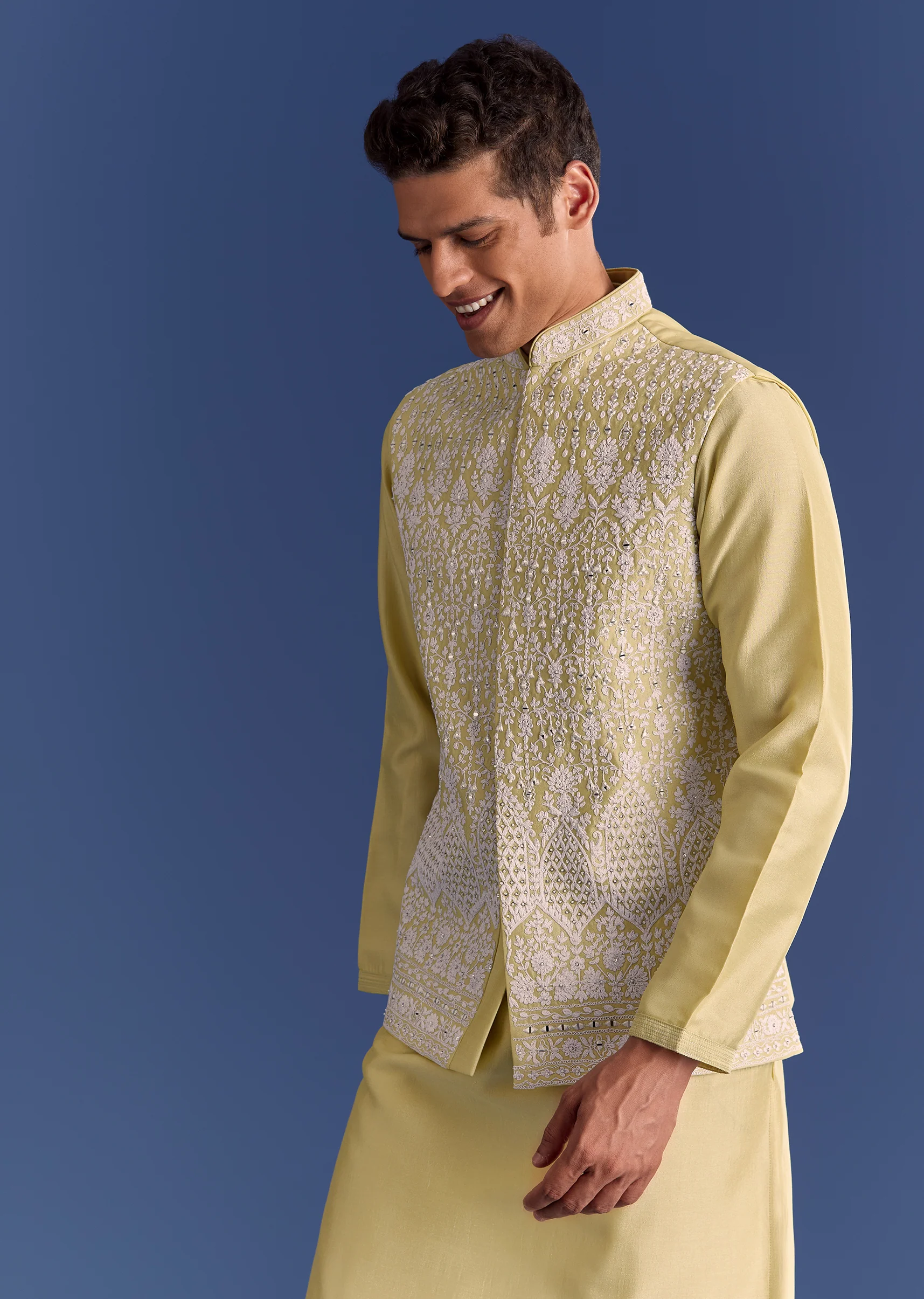 Yellow Cotton Silk Kurta Jacket Set With Mirror And Dori Work - Image 5