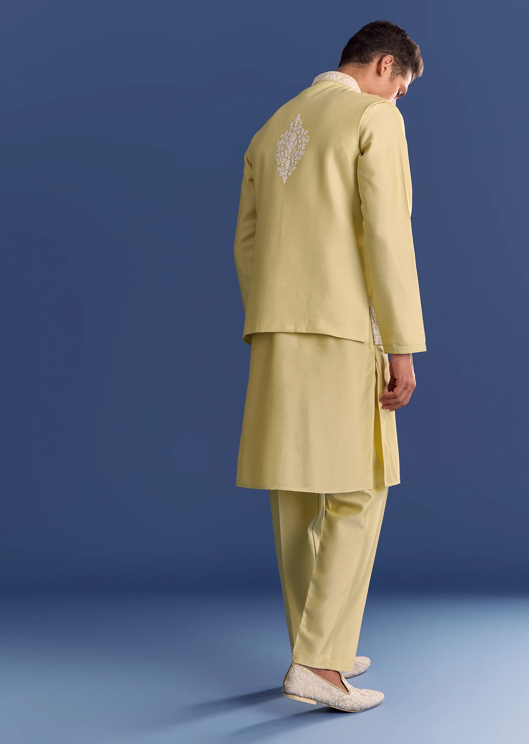 Yellow Cotton Silk Kurta Jacket Set With Mirror And Dori Work - Image 6