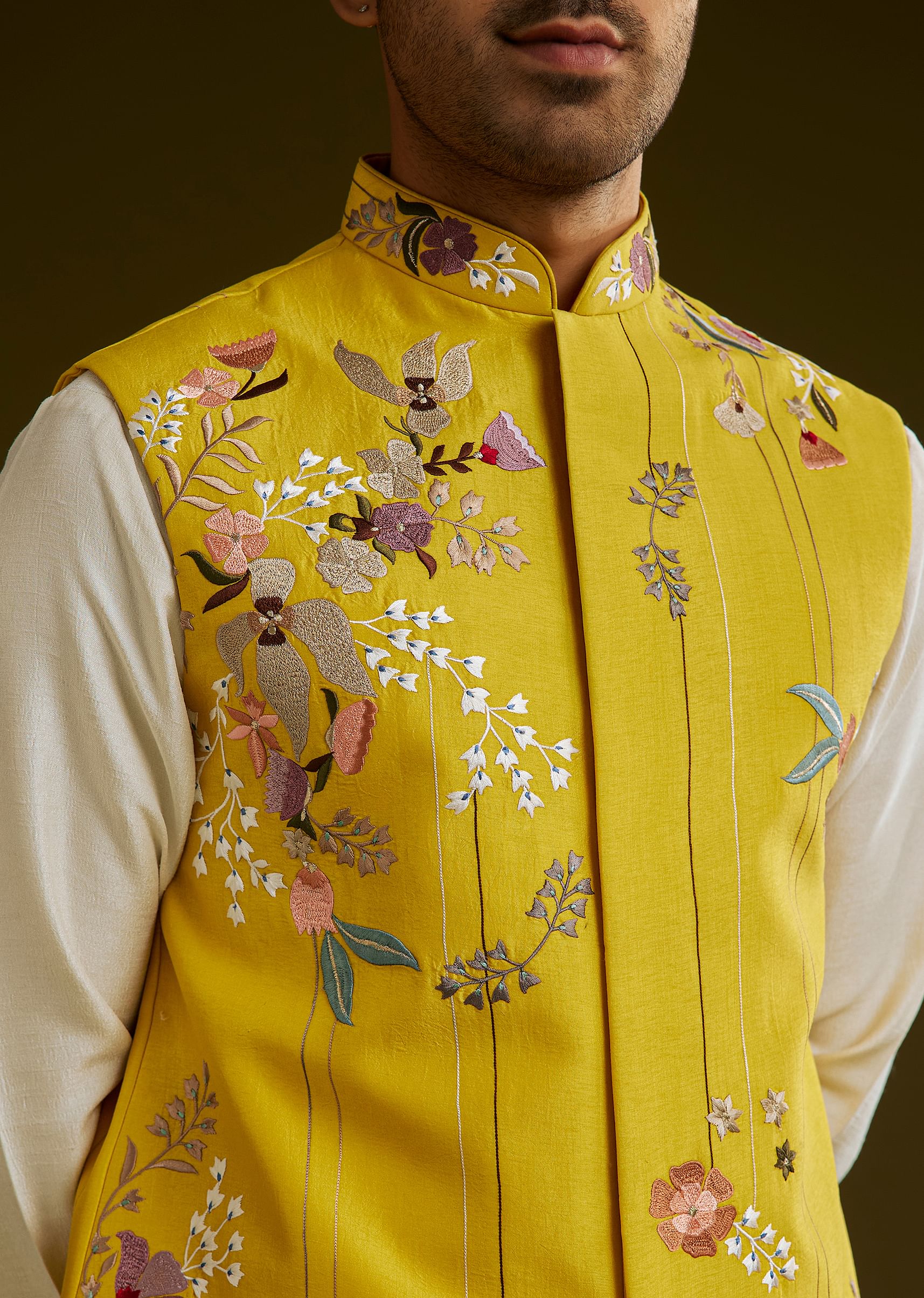 Yellow Cotton Silk Kurta Set With Floral Embroidered Jacket - Image 2