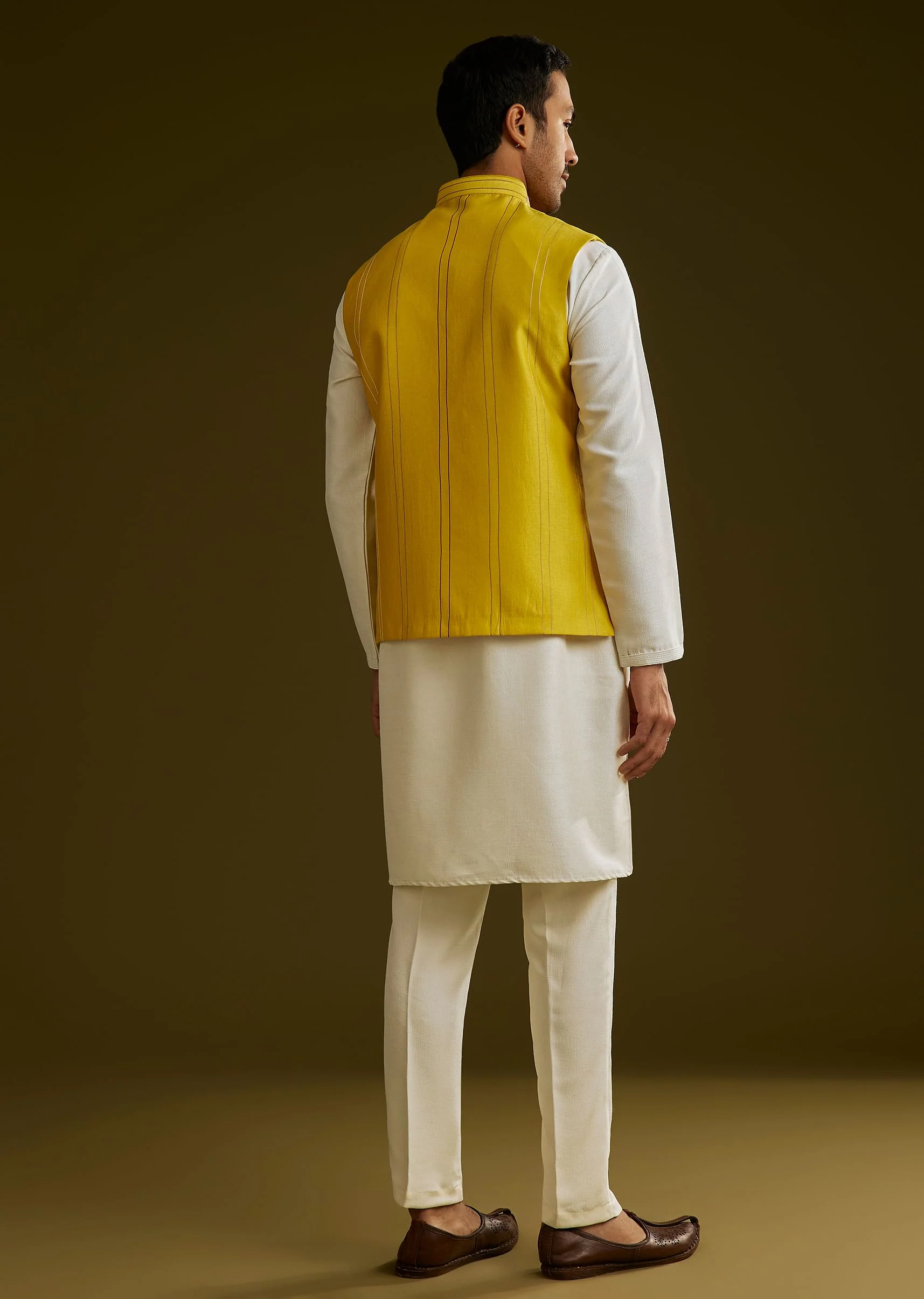 Yellow Cotton Silk Kurta Set With Floral Embroidered Jacket - Image 5