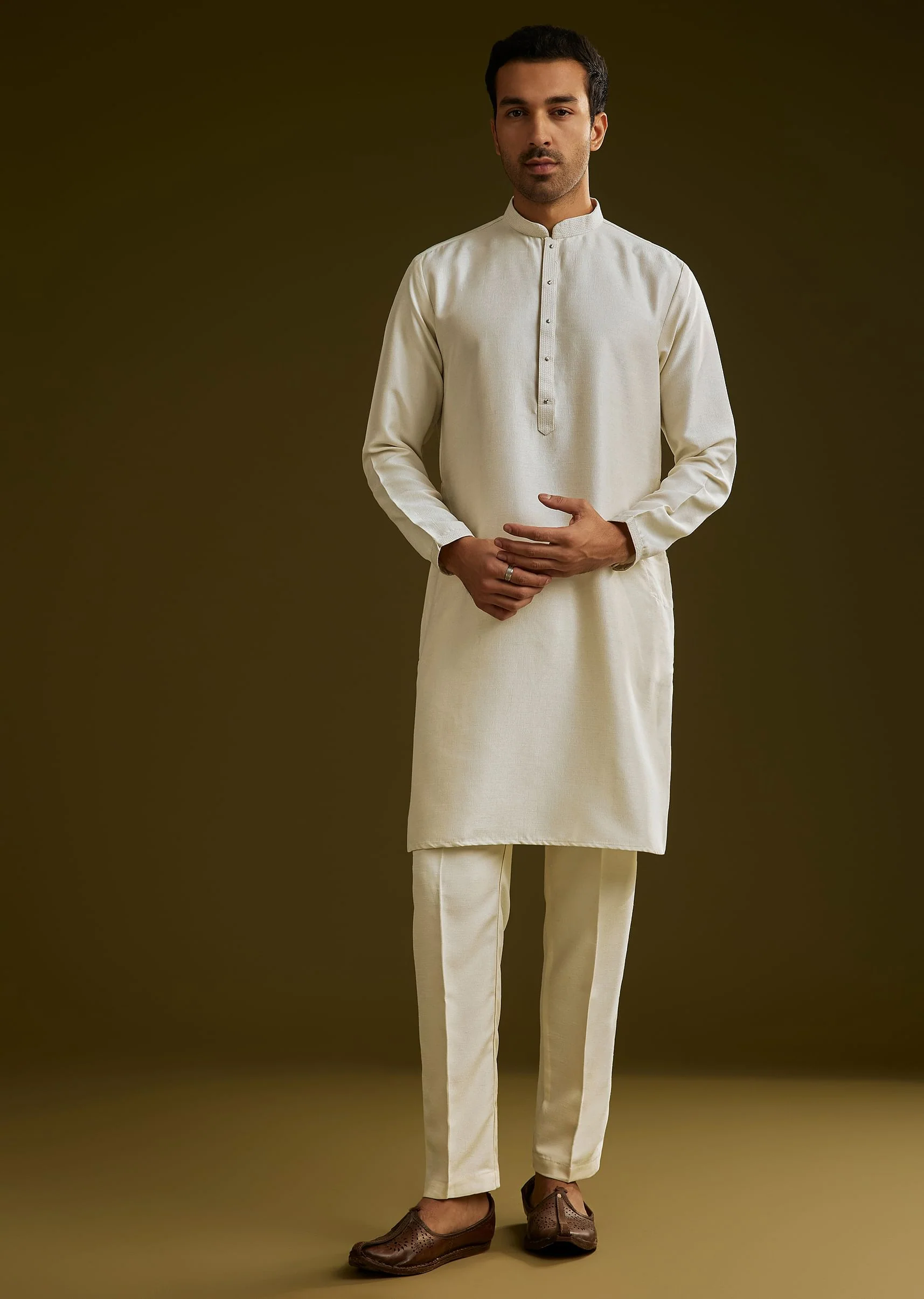 Yellow Cotton Silk Kurta Set With Floral Embroidered Jacket - Image 6