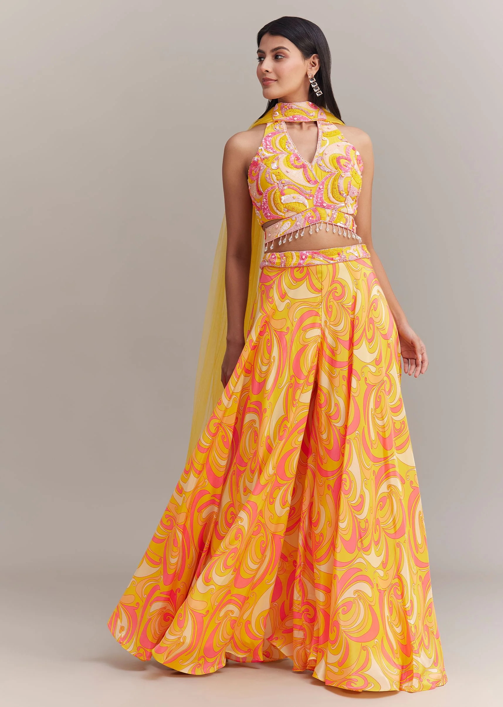 Yellow Crepe Abstract Printed Embroidered Palazzo Set - Image 3