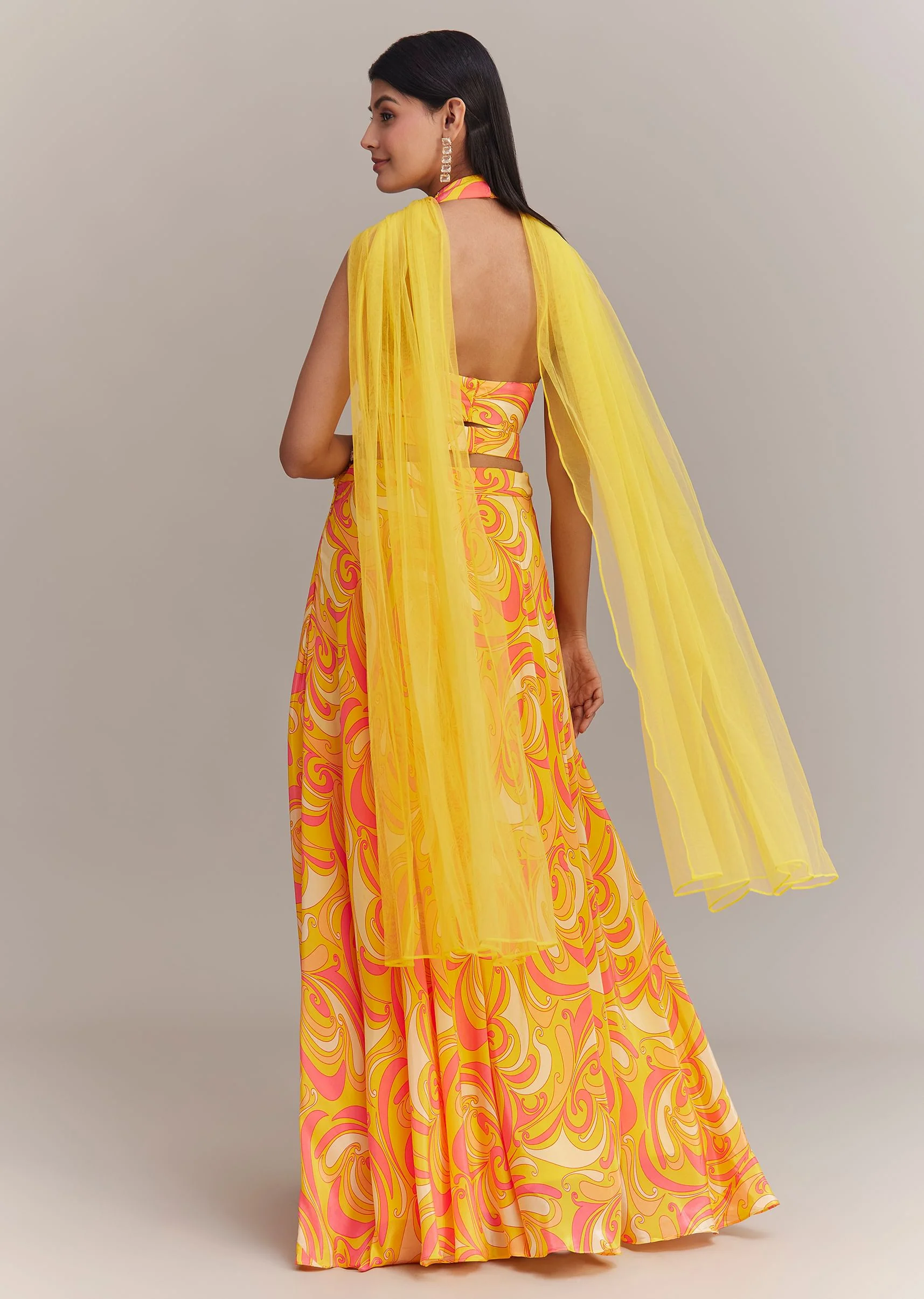 Yellow Crepe Abstract Printed Embroidered Palazzo Set - Image 5