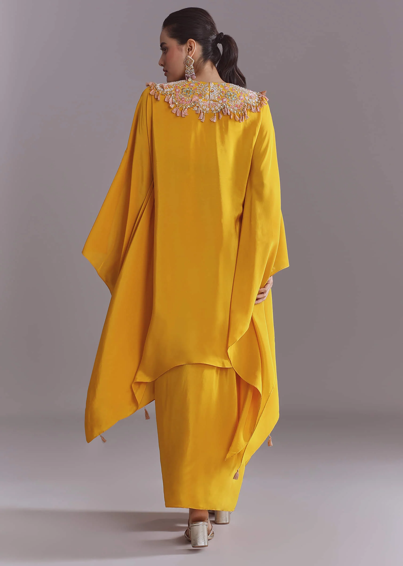 Yellow Crepe Kaftan Top And Drape Skirt Set With Embroidery - Image 5