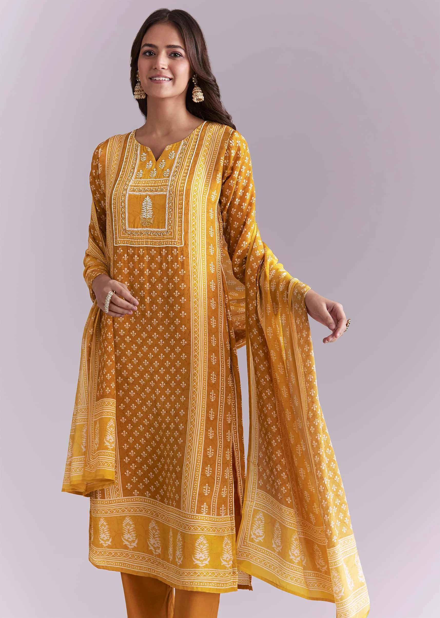 Yellow Crepe Kurta Set With Indie Print And Moti Work - Image 4