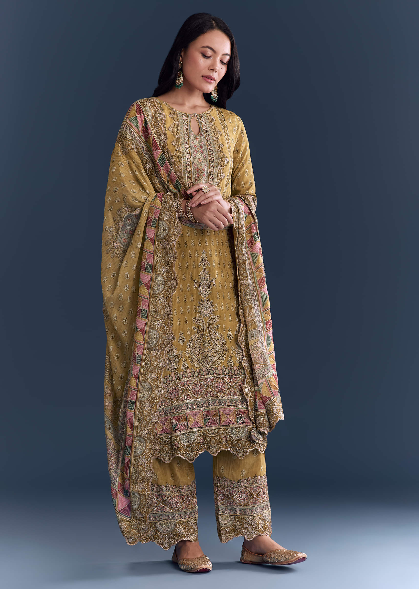 Yellow Crepe Kurta Set With Indie Print And Zari Embroidery - Image 3