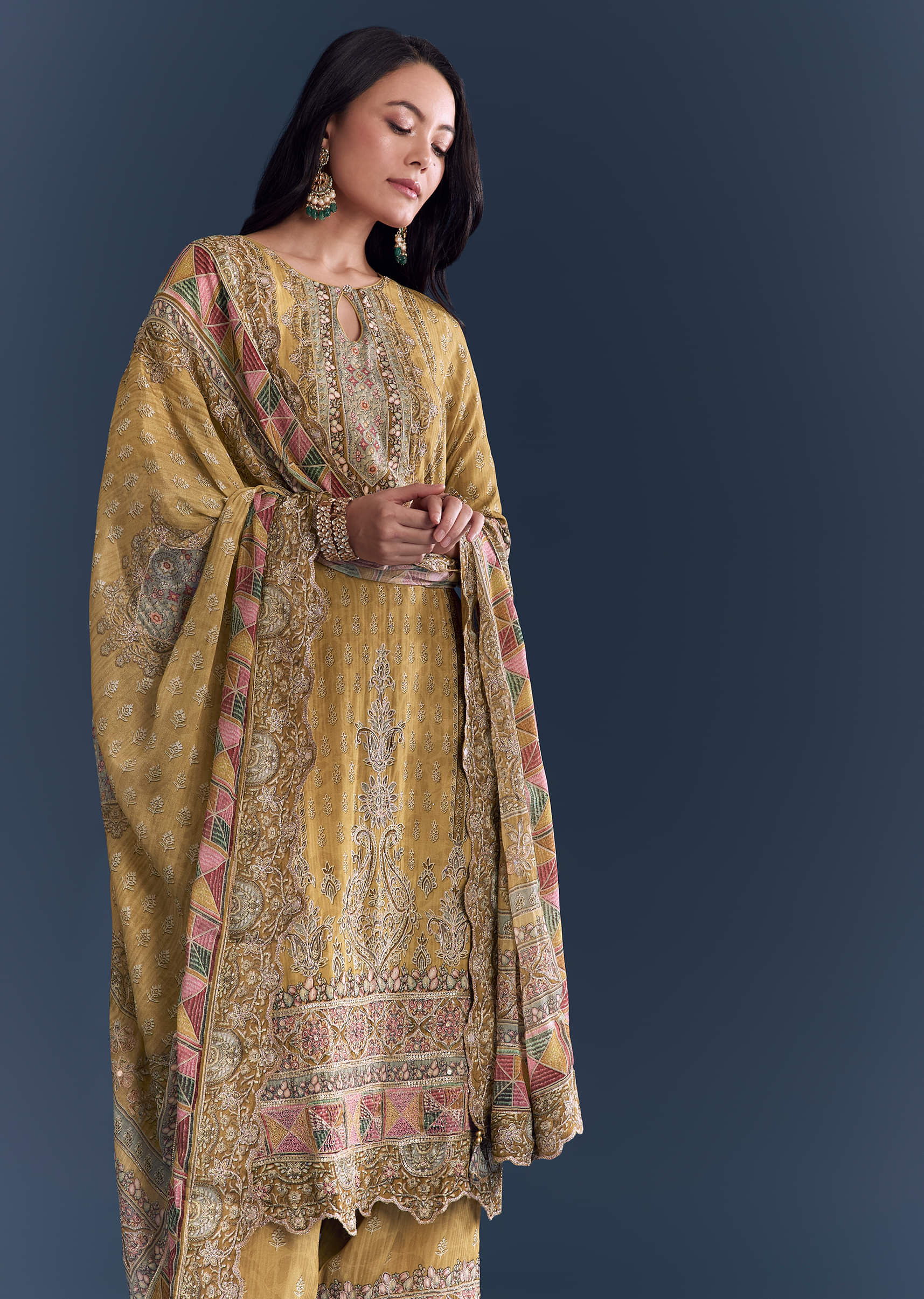 Yellow Crepe Kurta Set With Indie Print And Zari Embroidery - Image 4