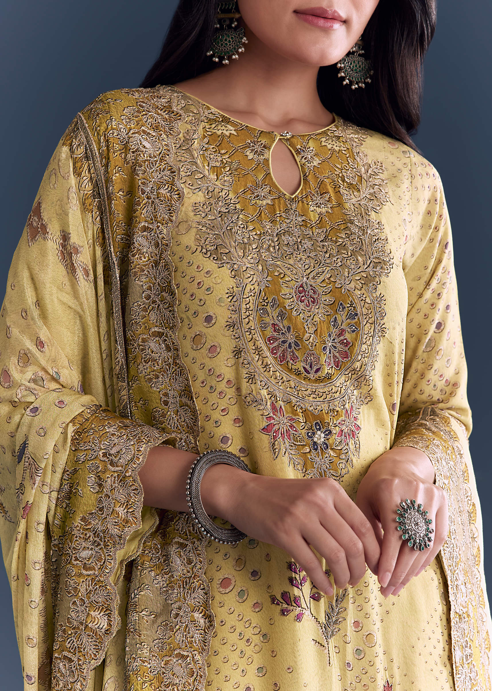 Yellow Crepe Kurta Set With Indie Print And Zari Work - Image 2
