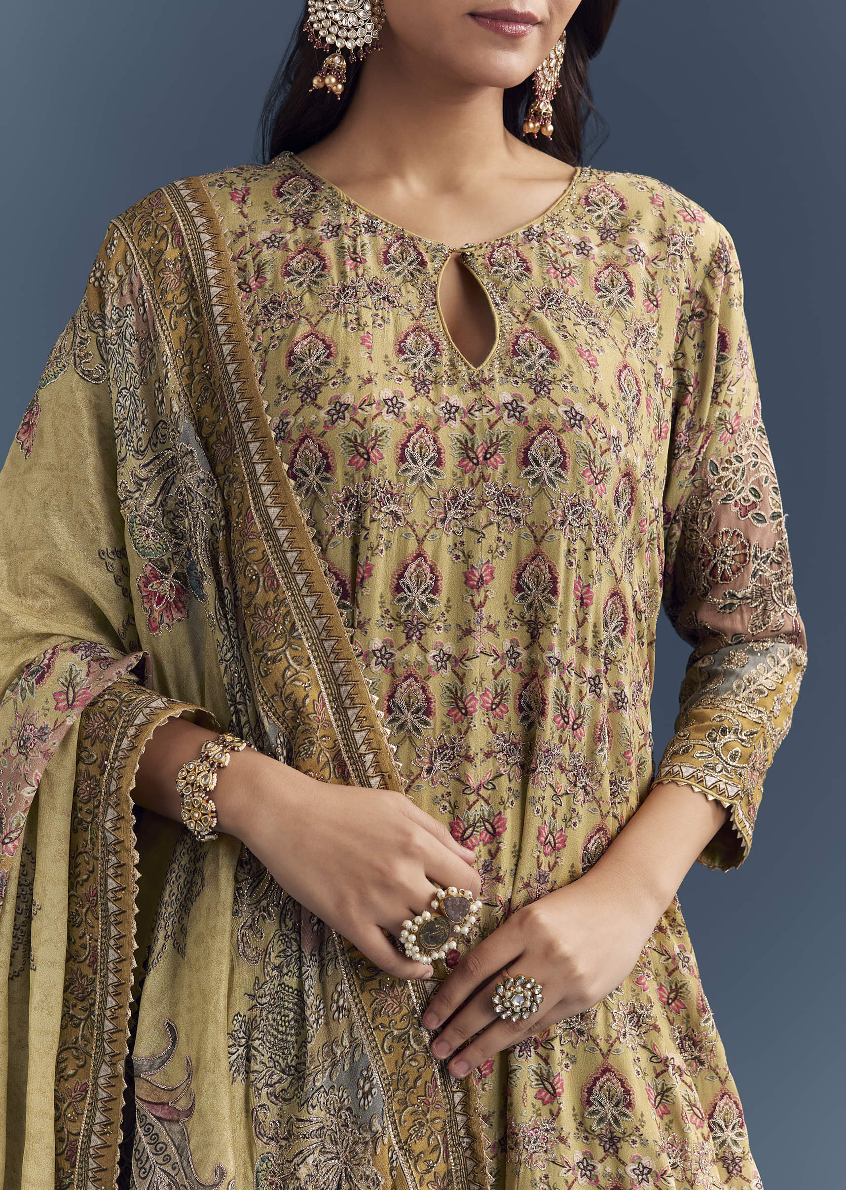 Yellow Crepe Printed Kurta Set With Gota Work - Image 2