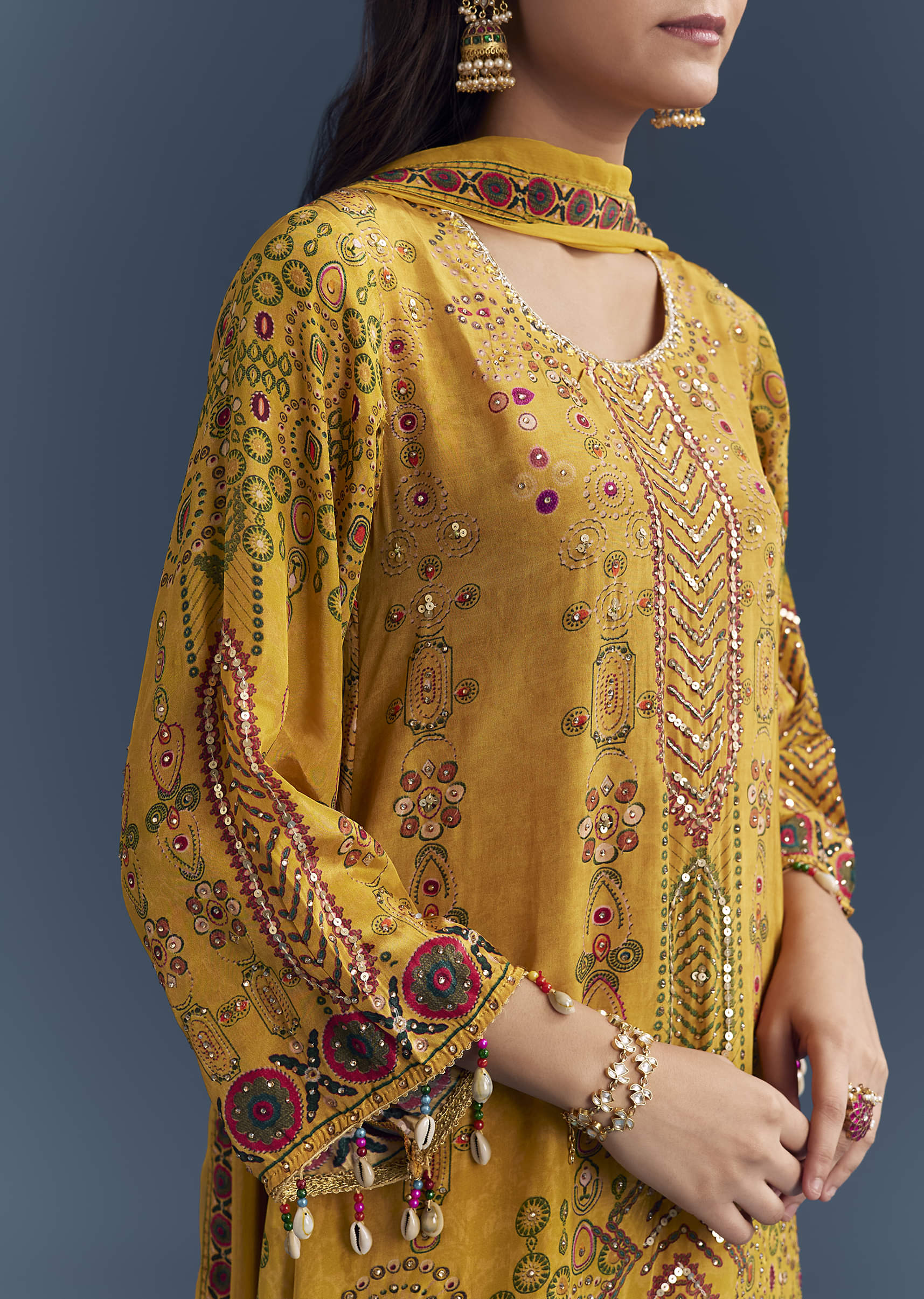 Yellow Crepe Printed Kurta Set With Sequins Work - Image 2
