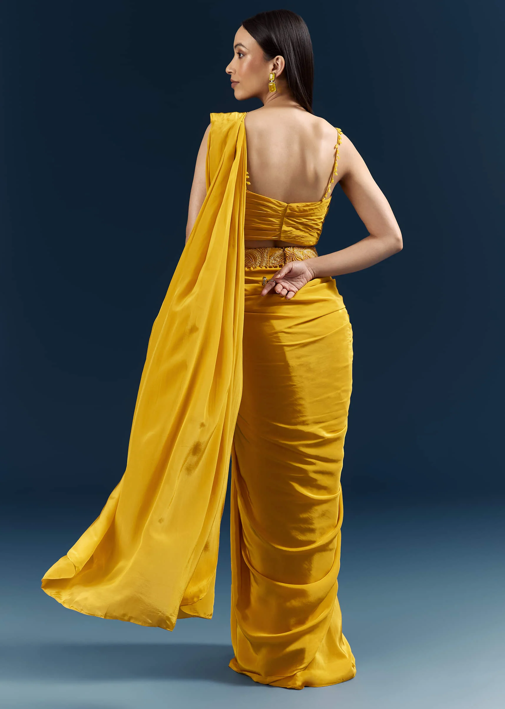 Yellow Crepe Ready Pleated Saree With Heavy Embroidery - Image 6