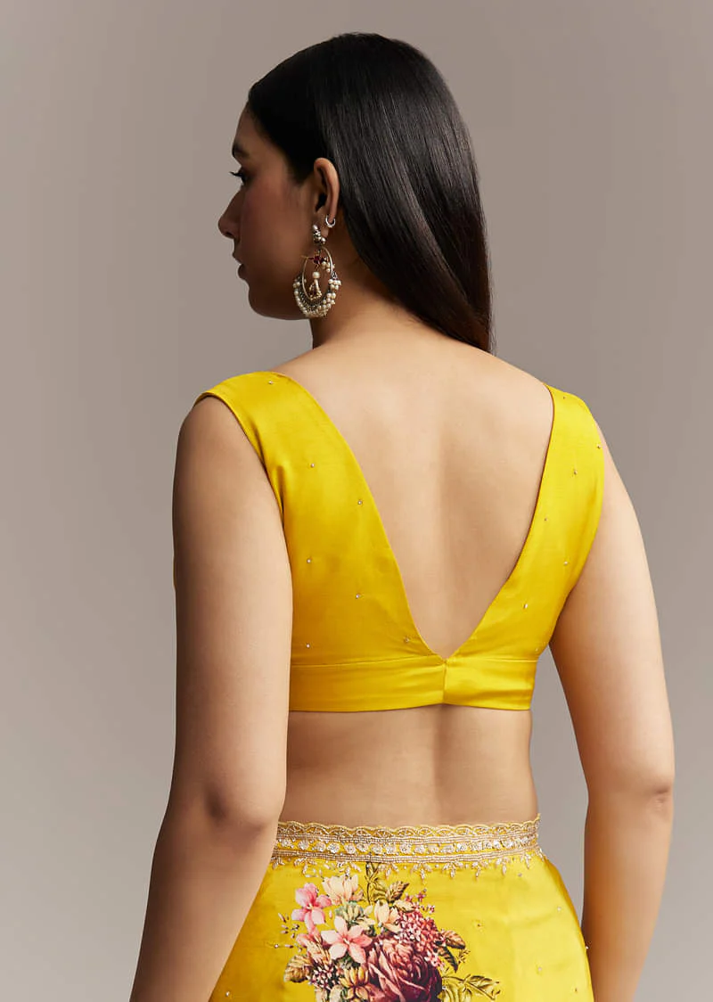 Yellow Crepe Saree With Multicolor Floral Print And Embellished Border - Image 8
