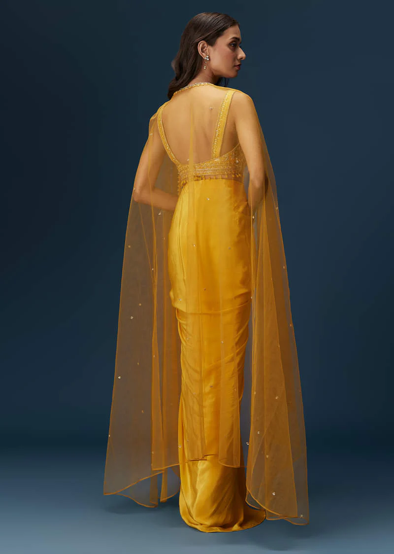 Yellow Crop Top Set With Embroidered Blouse And Drape Dupatta - Image 3