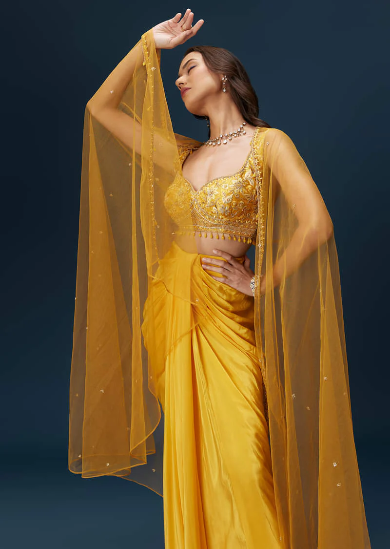 Yellow Crop Top Set With Embroidered Blouse And Drape Dupatta - Image 5