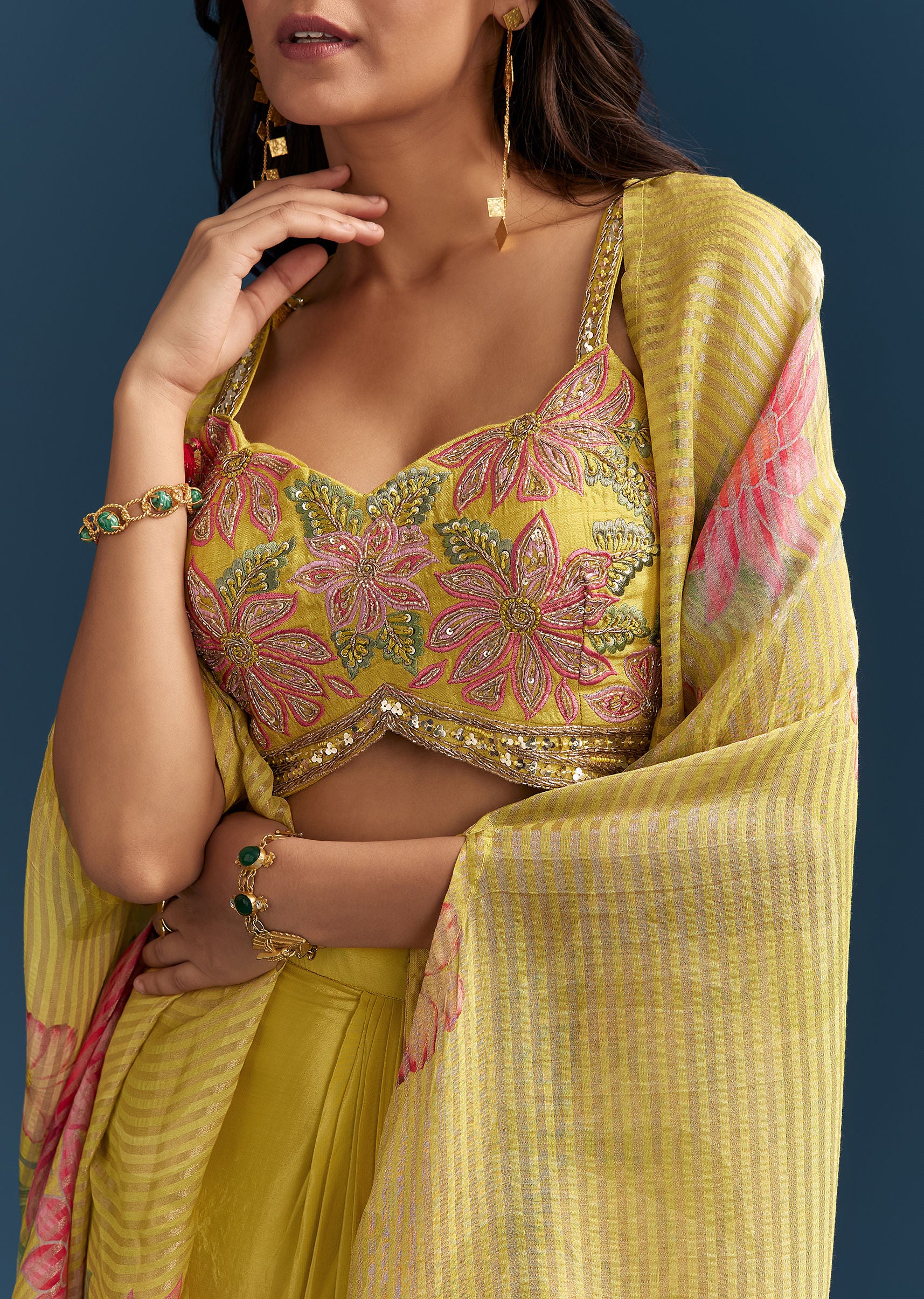 Yellow Crop Top Skirt With Floral Cape And Resham Detailing - Image 2