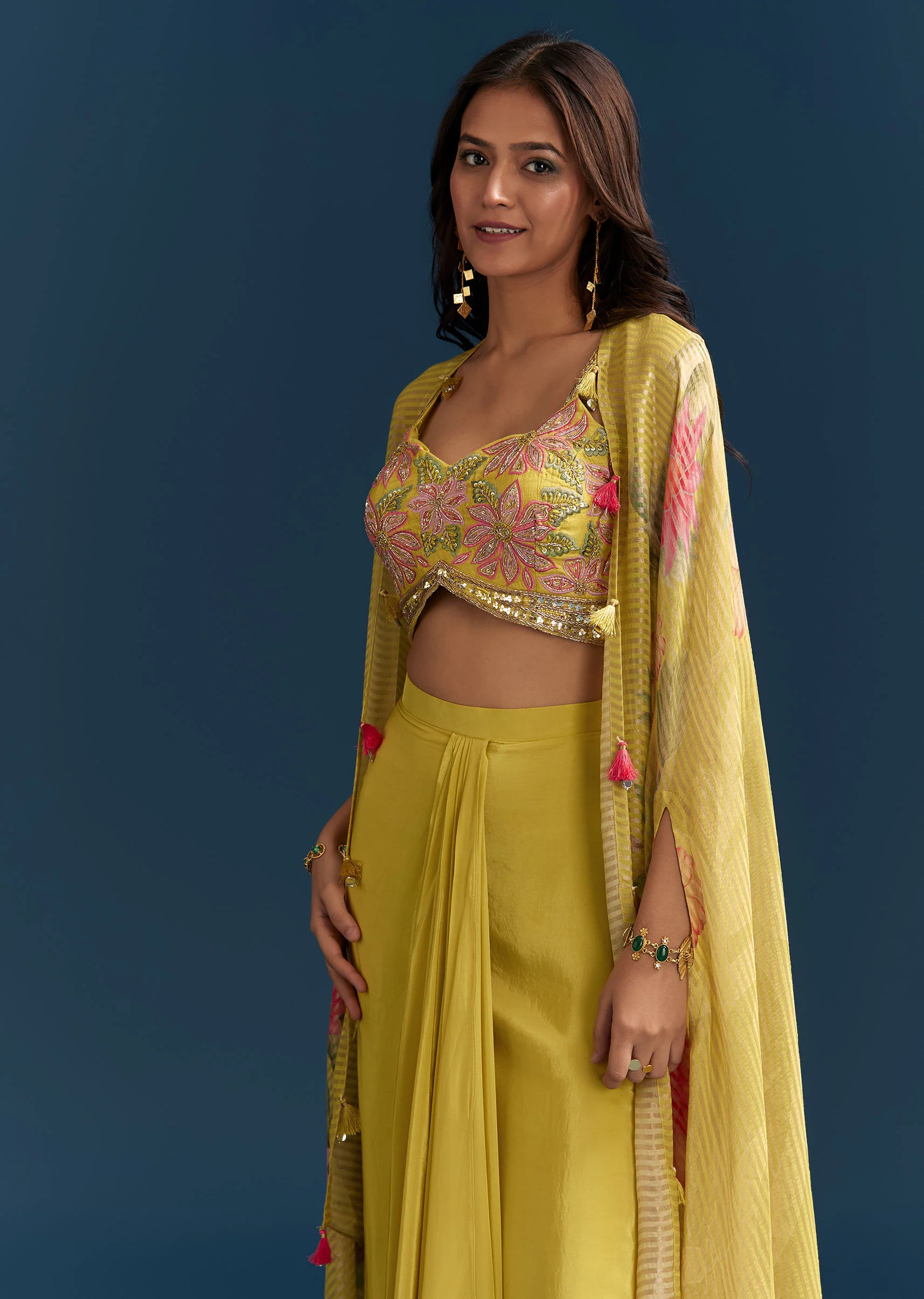 Yellow Crop Top Skirt With Floral Cape And Resham Detailing - Image 3