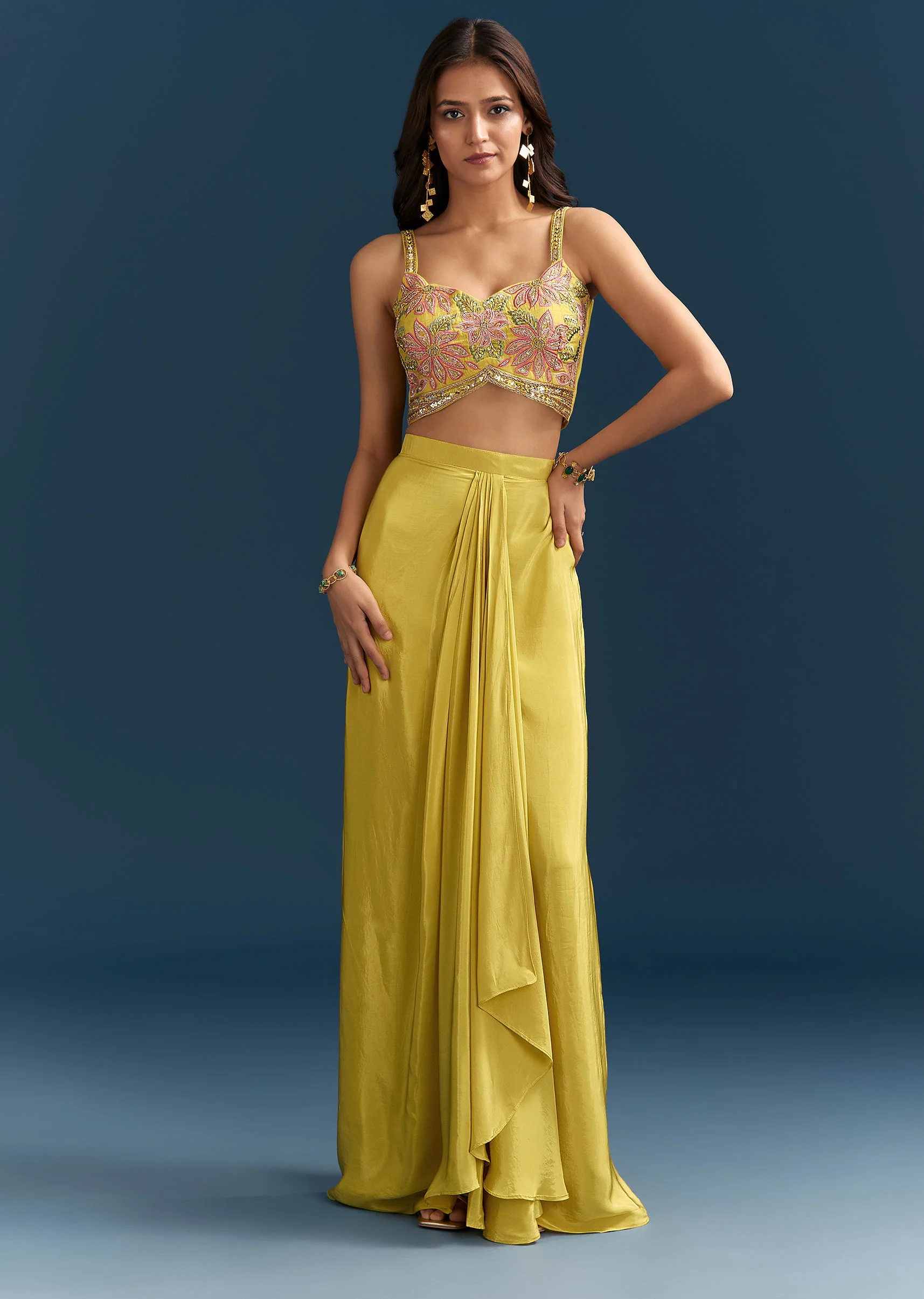 Yellow Crop Top Skirt With Floral Cape And Resham Detailing - Image 5