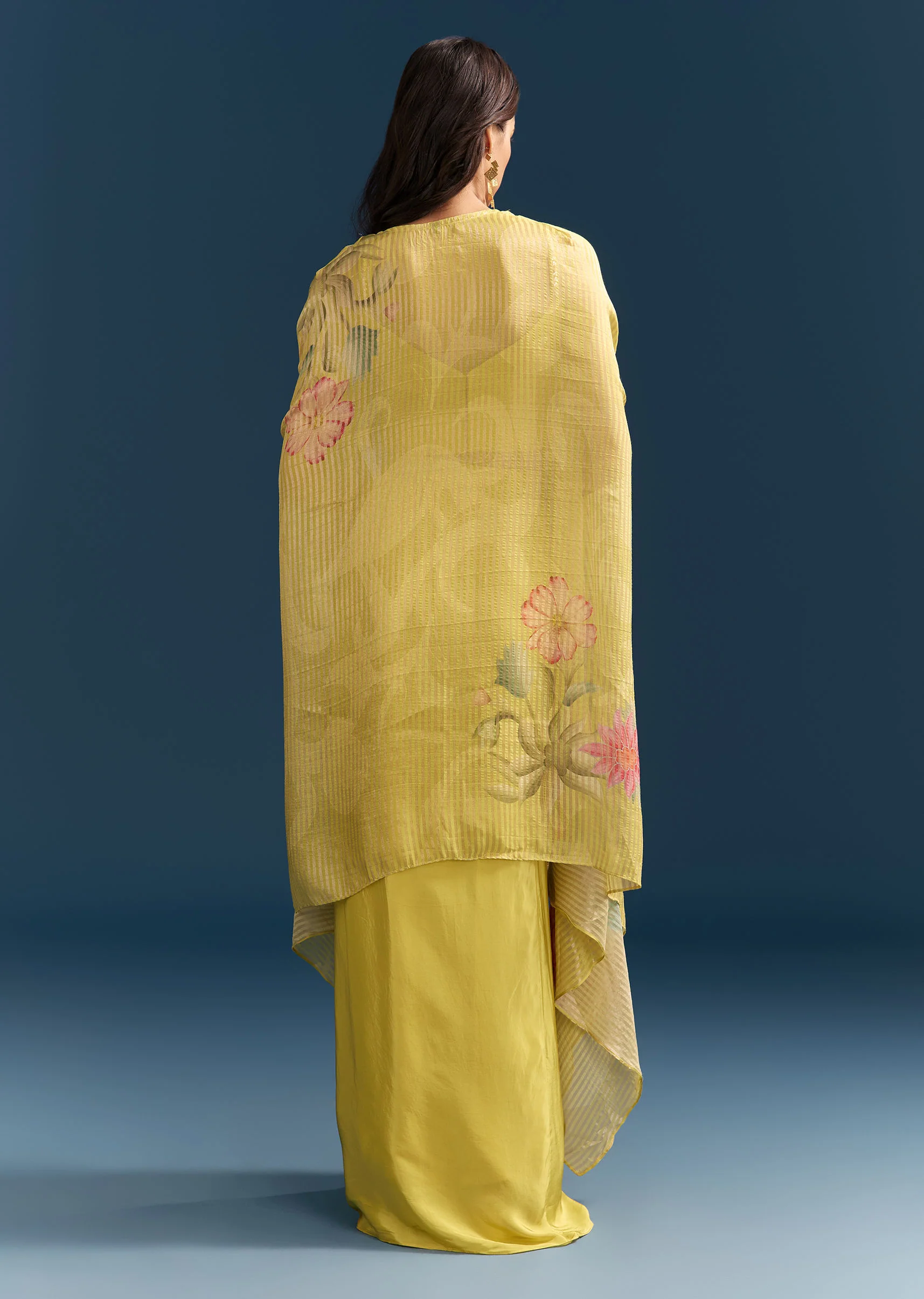Yellow Crop Top Skirt With Floral Cape And Resham Detailing - Image 6
