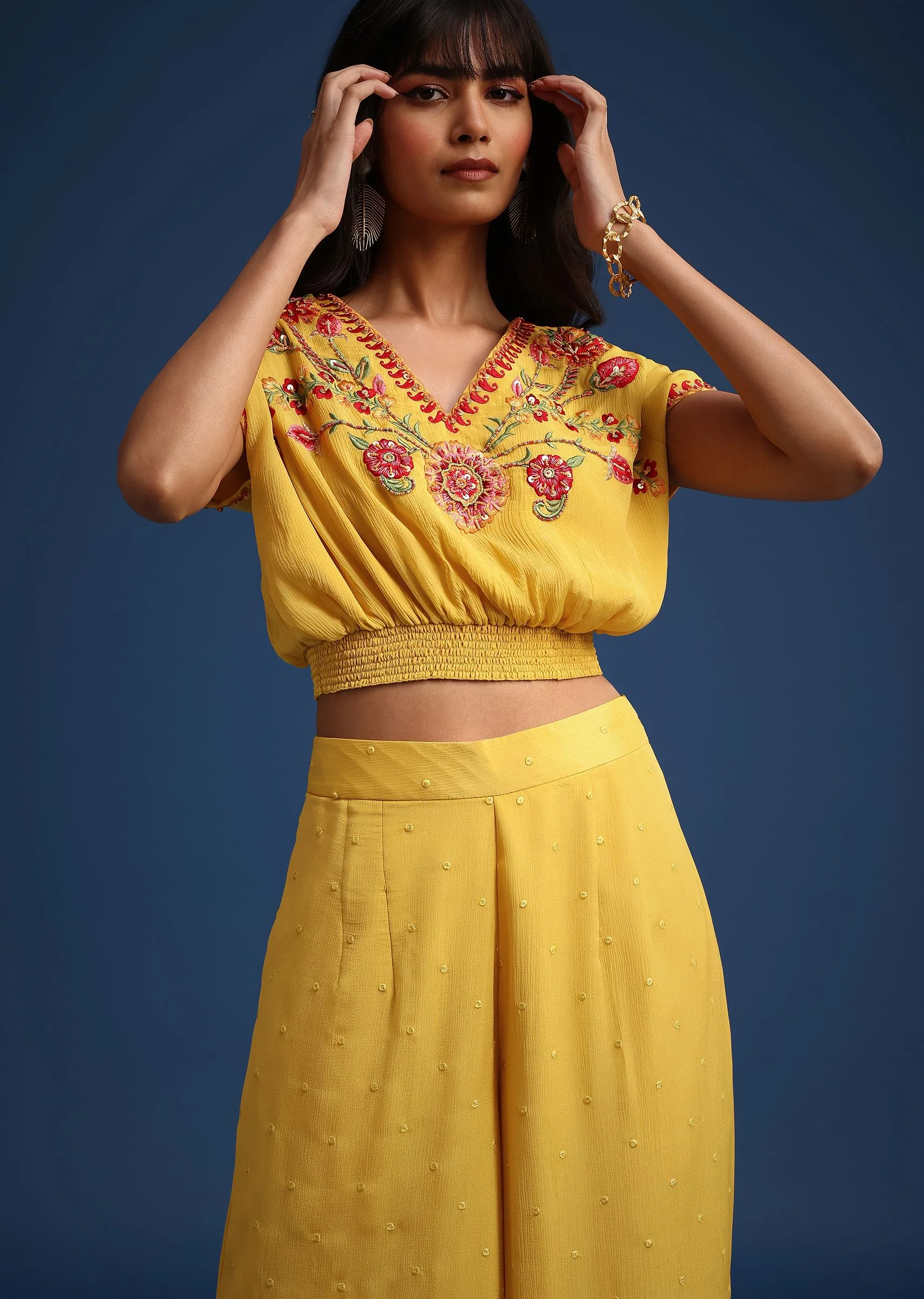 Yellow Crop Top With Slit Palazzo And Scarf - Image 4