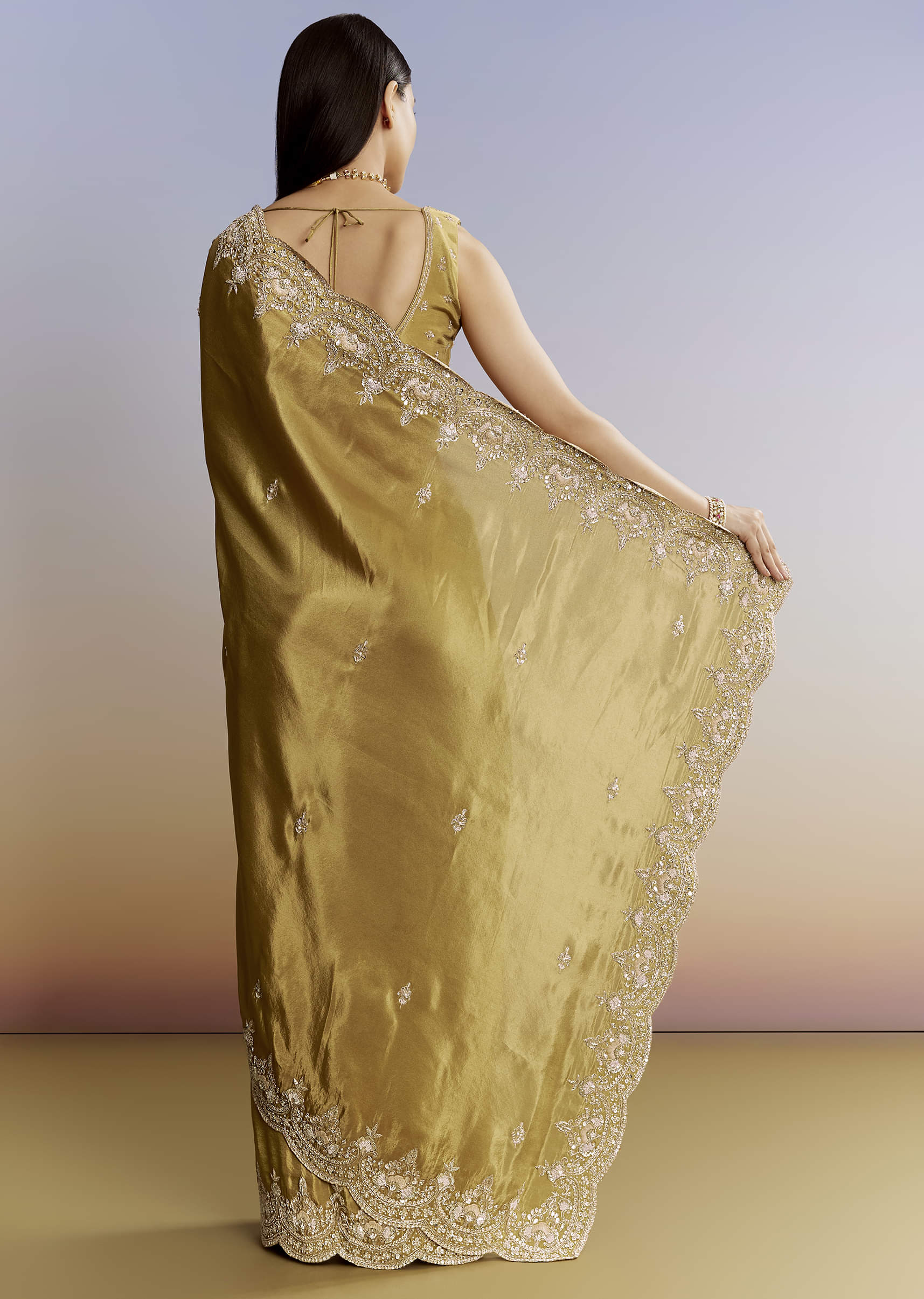 Yellow Crush Tissue Saree With Gota Zari And Beads Embroidery - Image 6
