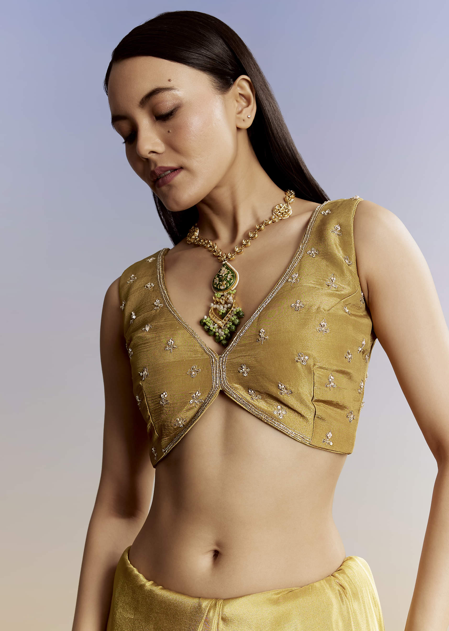 Yellow Crush Tissue Saree With Gota Zari And Beads Embroidery - Image 7