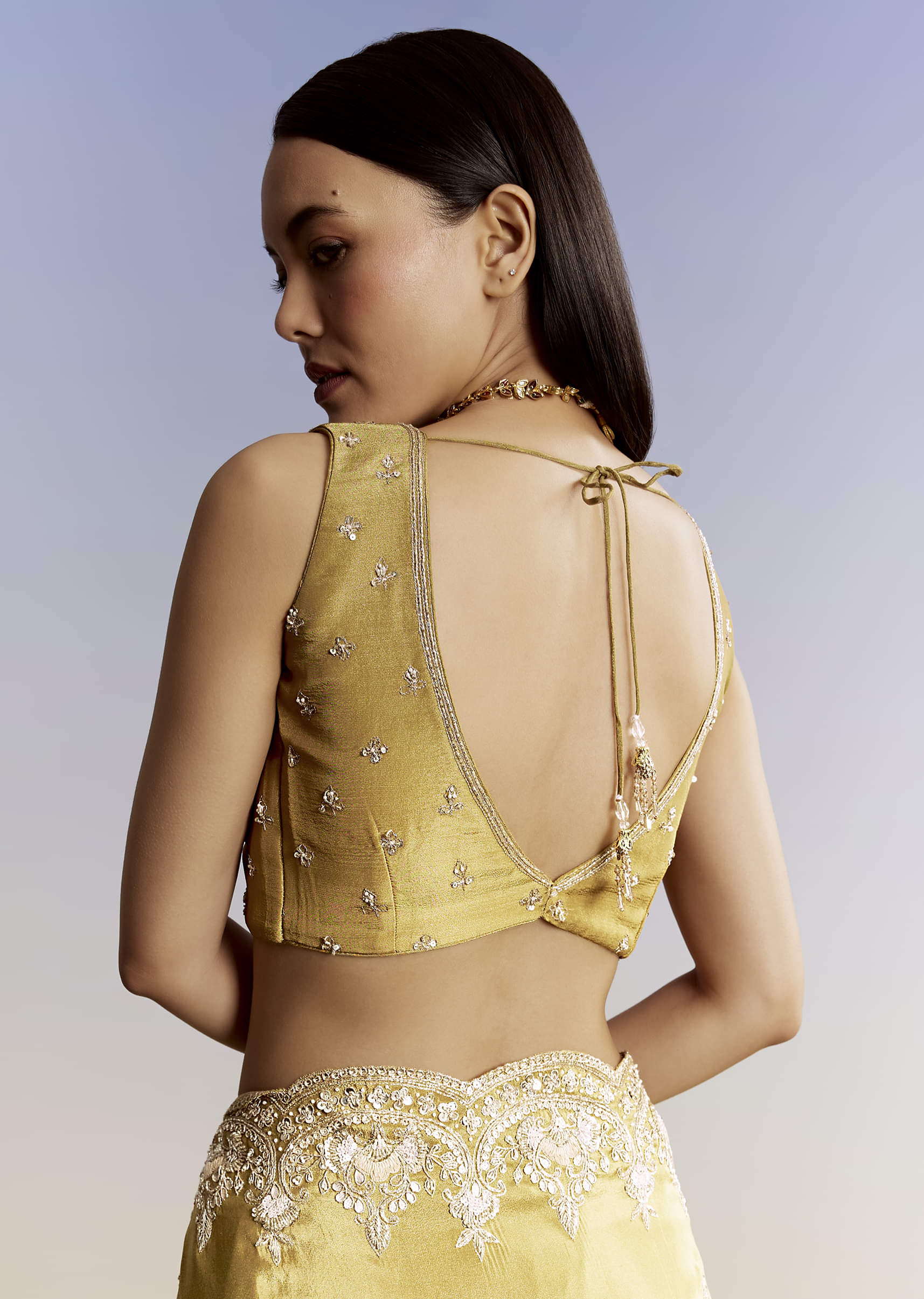 Yellow Crush Tissue Saree With Gota Zari And Beads Embroidery - Image 8