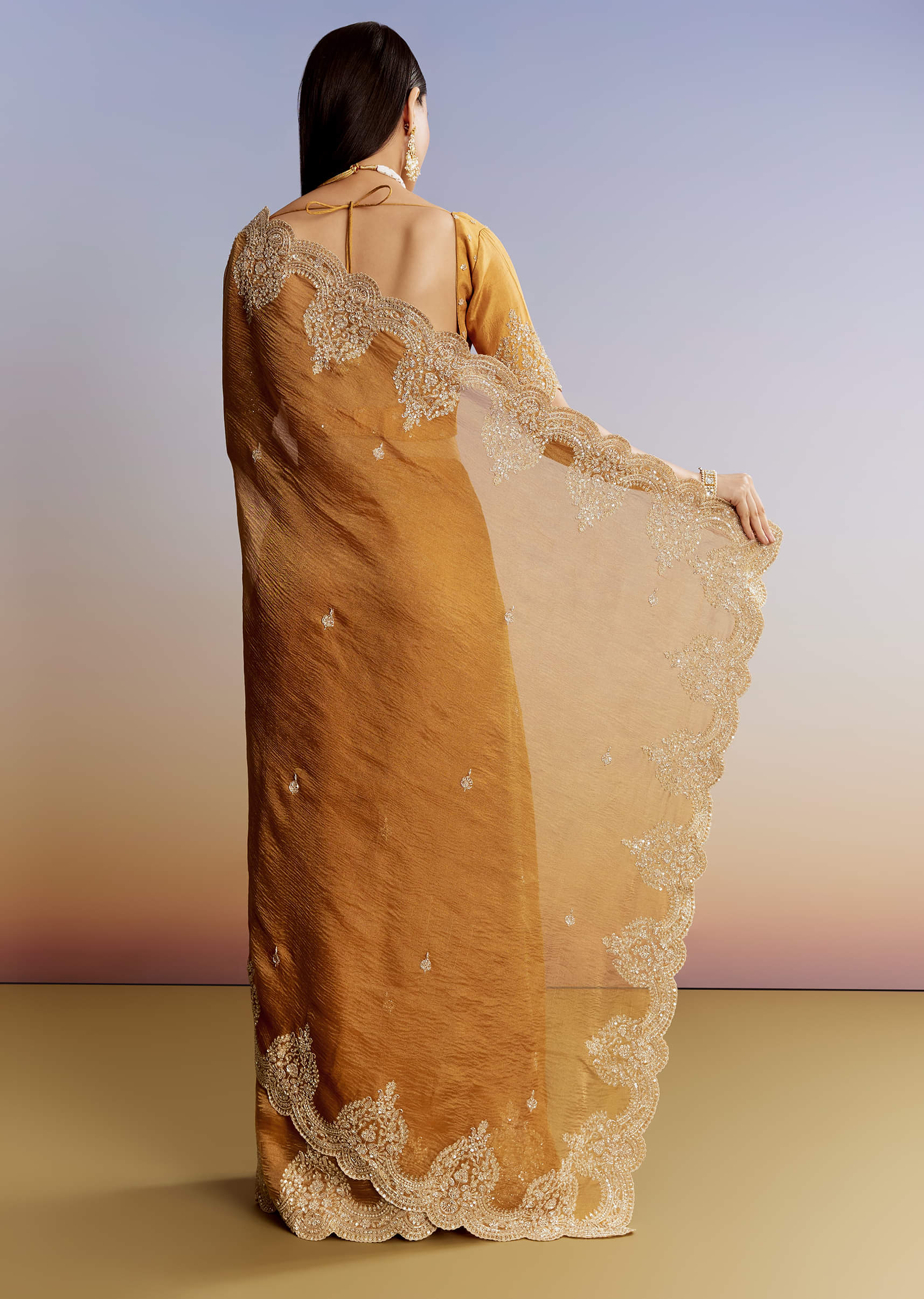 Yellow Crush Tissue Saree With Heavy Embroidered Border And Blouse - Image 4