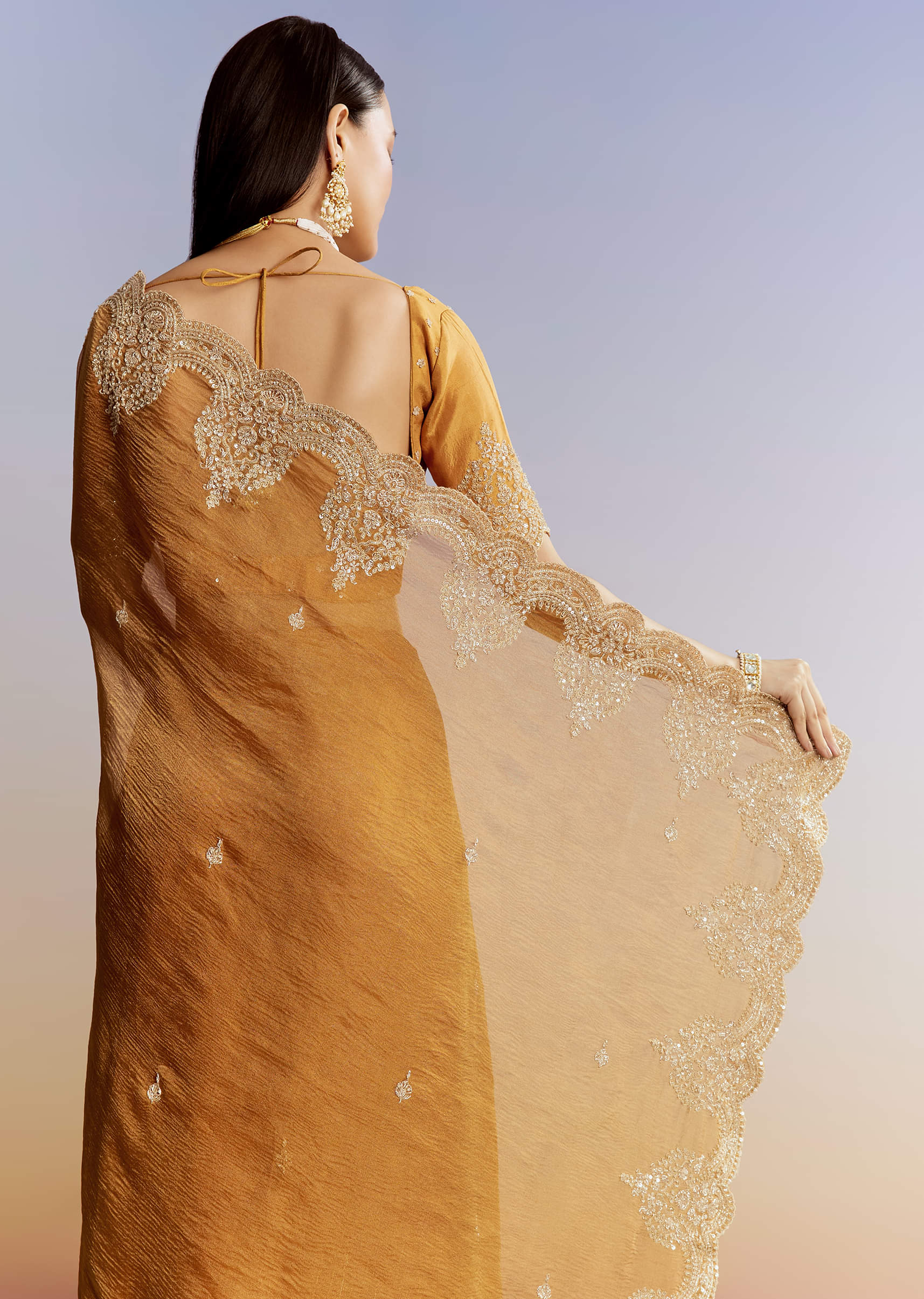 Yellow Crush Tissue Saree With Heavy Embroidered Border And Blouse - Image 6