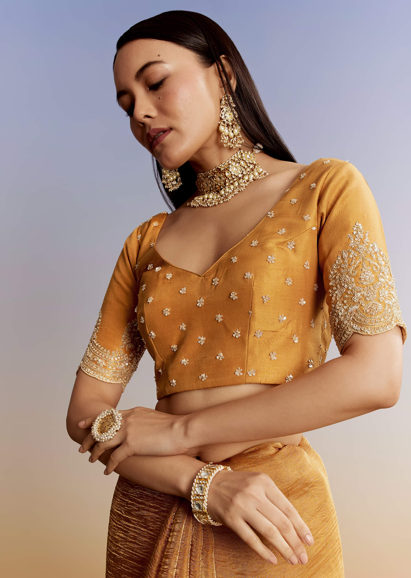 Yellow Crush Tissue Saree With Heavy Embroidered Border And Blouse - Image 7