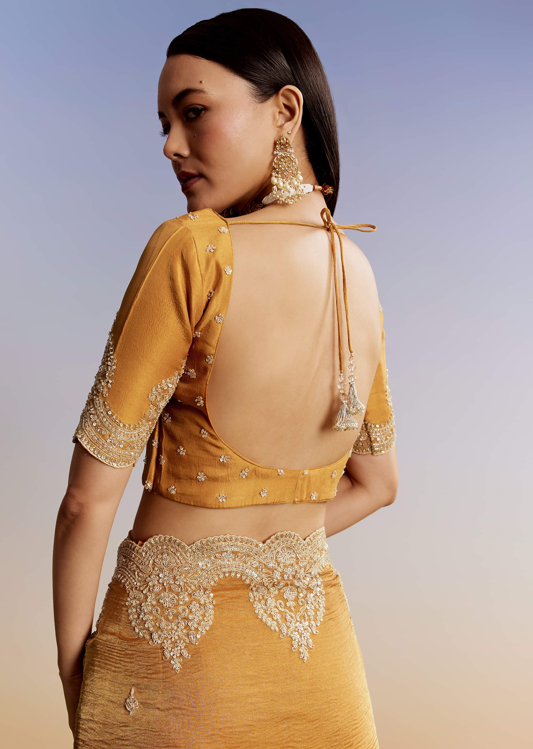 Yellow Crush Tissue Saree With Heavy Embroidered Border And Blouse - Image 8