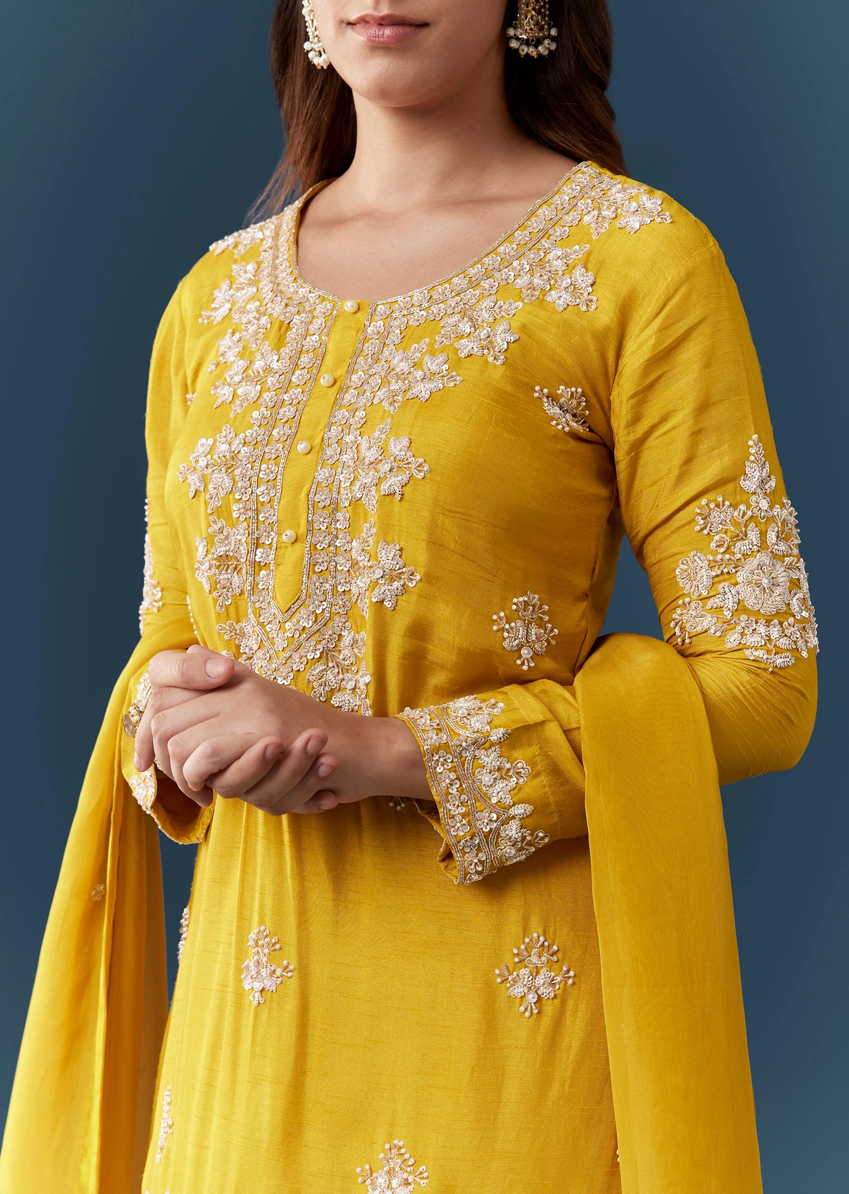 Yellow Cutdana Work Kurta and Skirt Set - Image 2