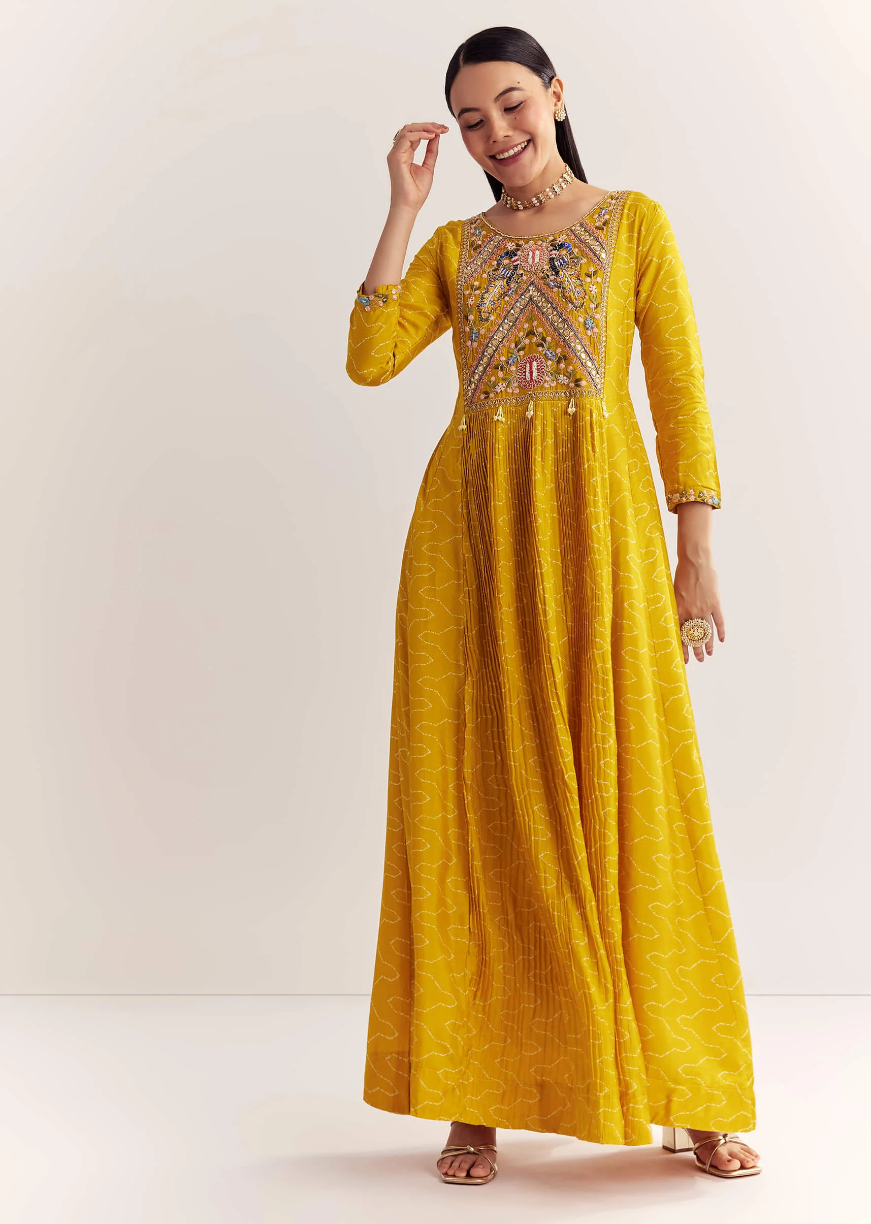 Yellow Dola Silk Gown With Embroidery - Image 3